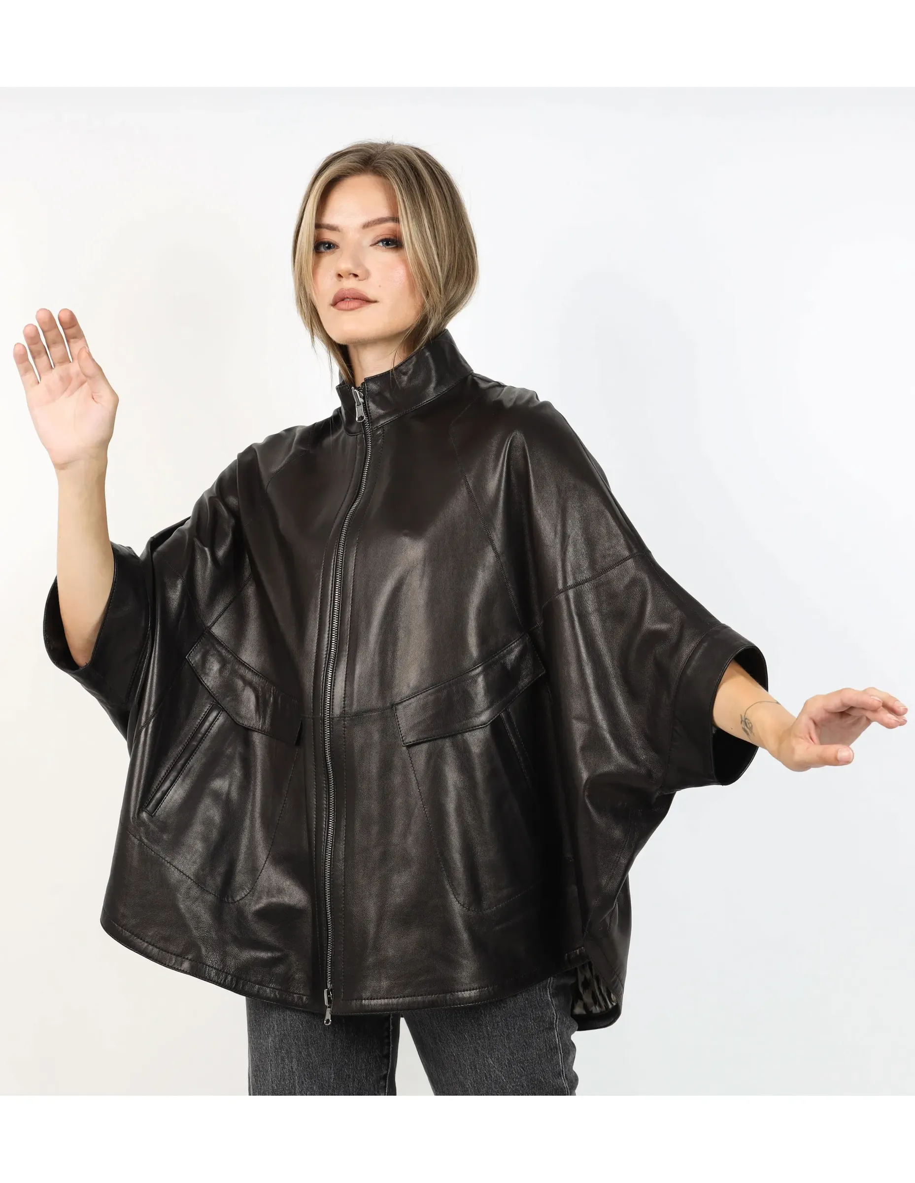 Geacă de Damă din Piele Nappa de Miel cu Dublă Față Model Felicia Negru
