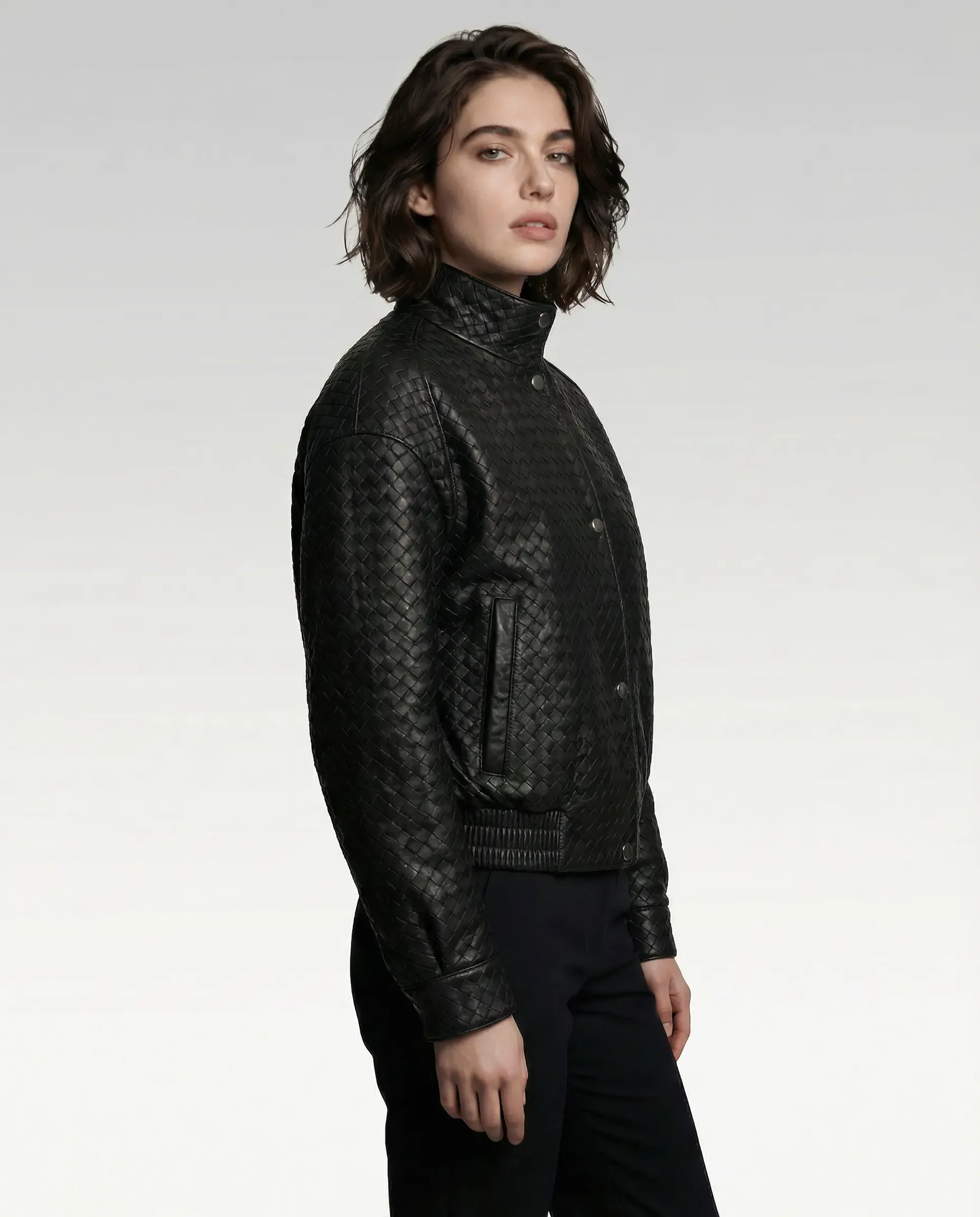 Geacă de Damă Unicată din Piele de Miel Împletită Model Vivienne Negru