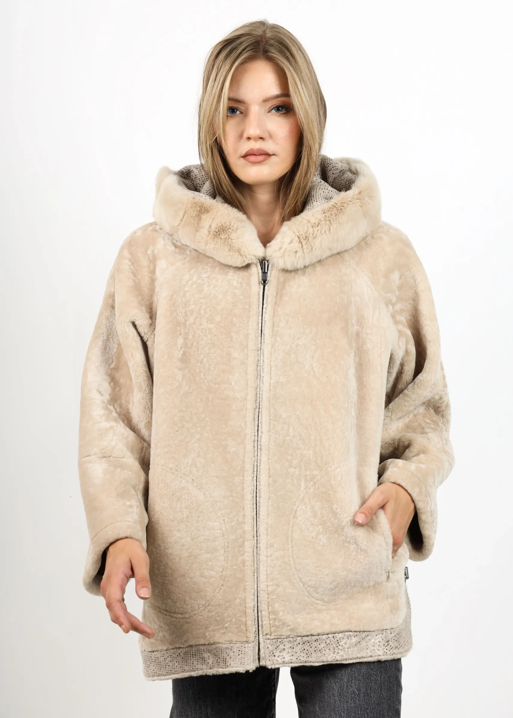 Haină de Damă din Blană de Miel Australian cu Dublă Față Model Petra Crem