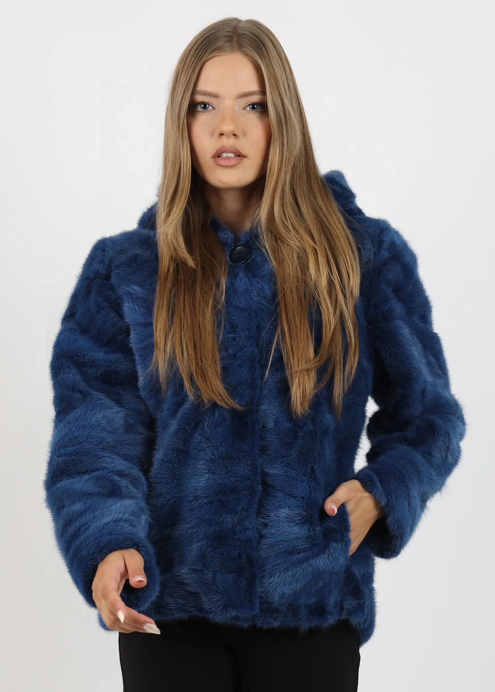 Haină de Damă din Blană de Nurcă cu Glugă Model Ocean Blue
