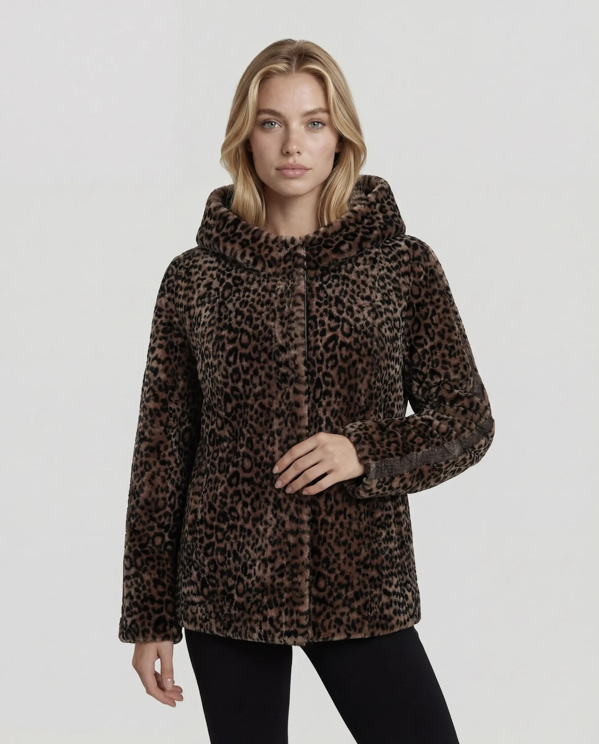 Geacă cu Dublă Față de Damă din Blană de Miel Imprimeu Animal Print