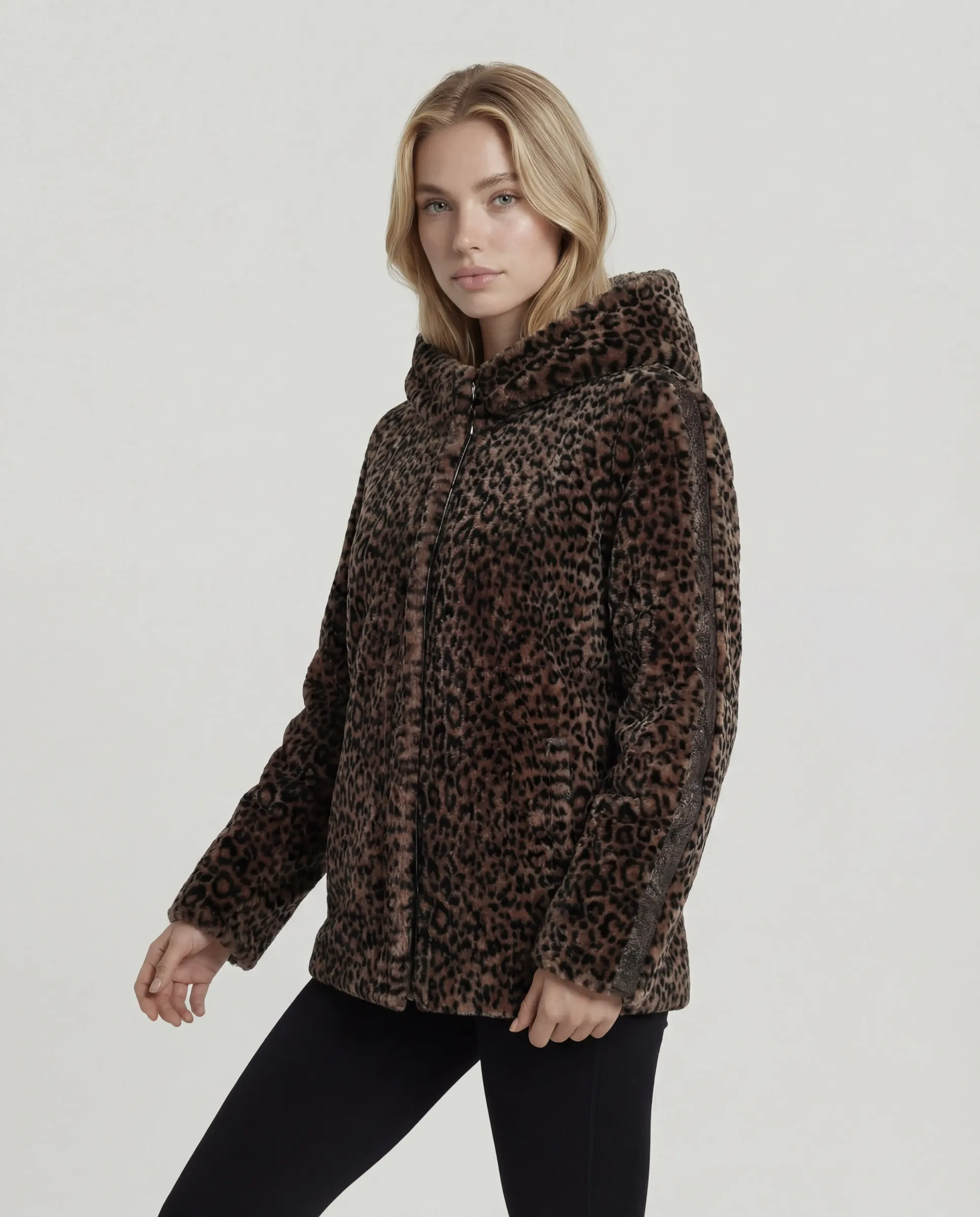 Geacă cu Dublă Față de Damă din Blană de Miel Imprimeu Animal Print