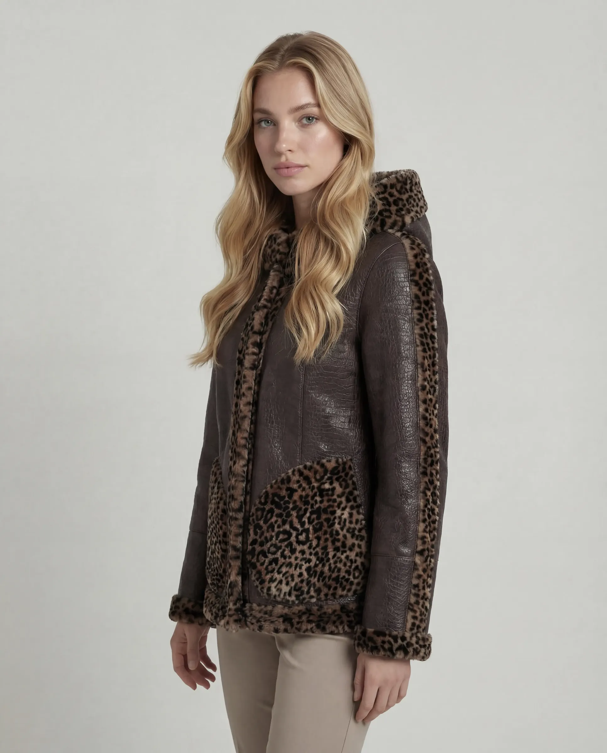 Geacă cu Dublă Față de Damă din Blană de Miel Imprimeu Animal Print
