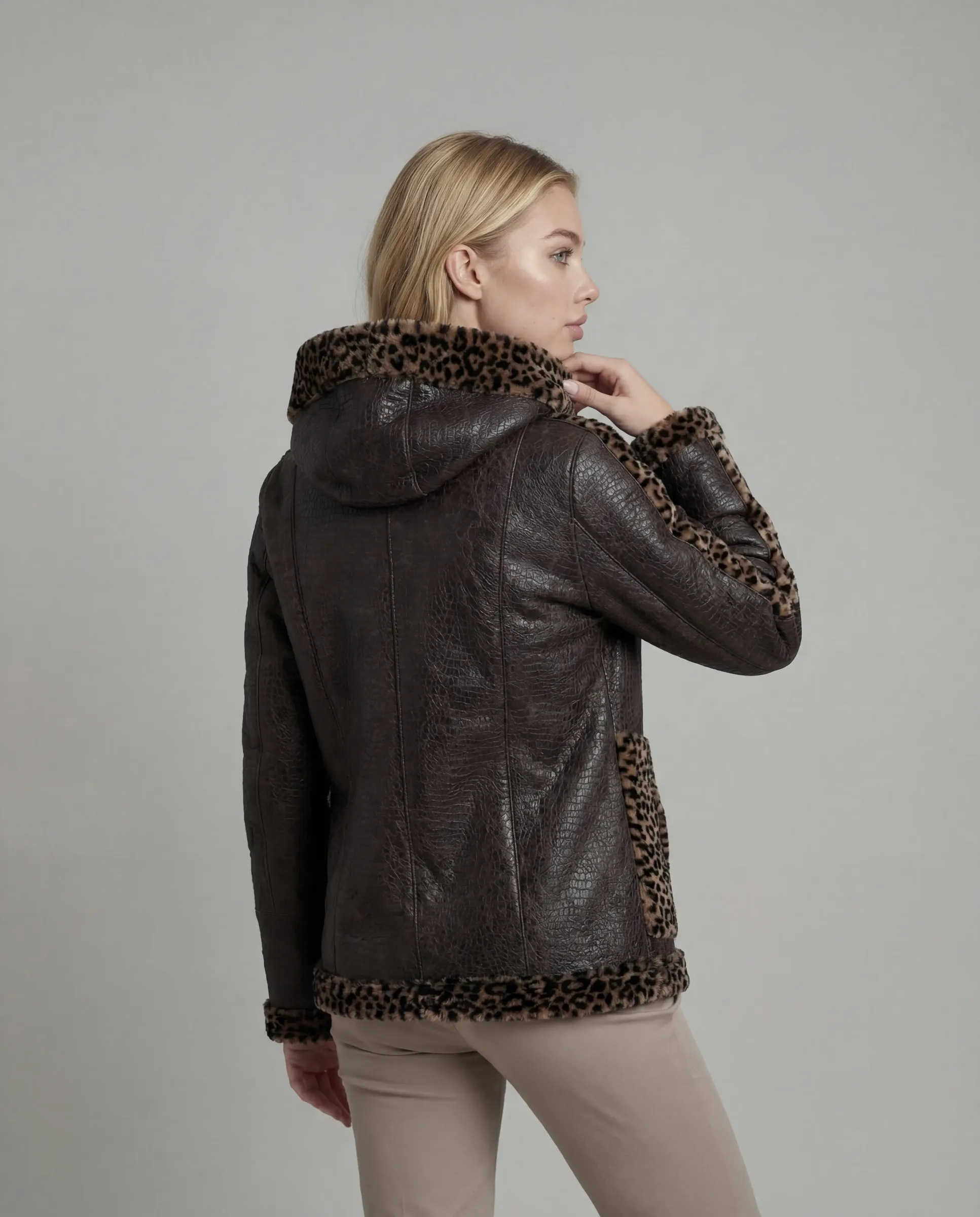 Geacă cu Dublă Față de Damă din Blană de Miel Imprimeu Animal Print