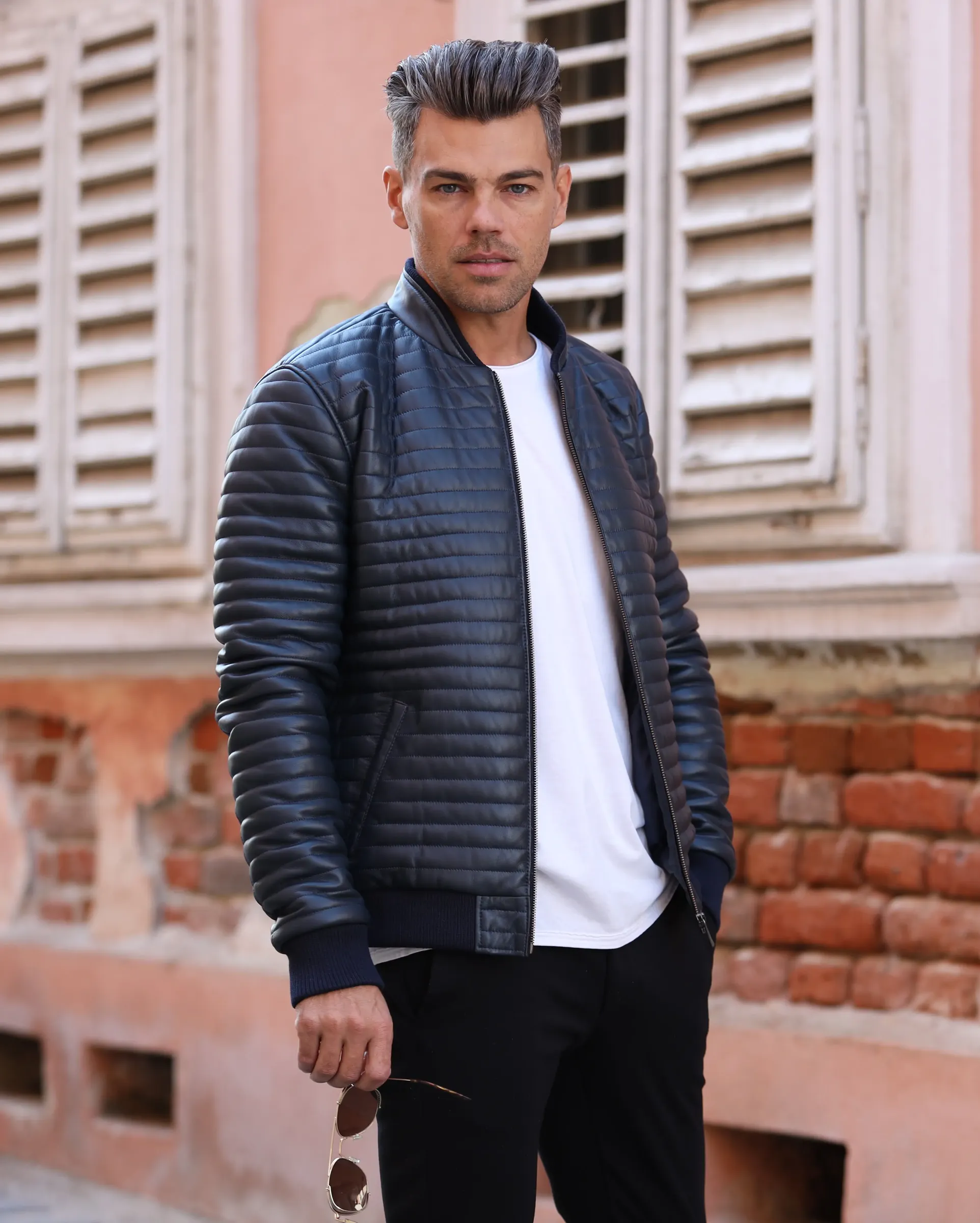 Geacă de Bărbați din Piele  Matlasată Bomber Model Adam Bleumarin