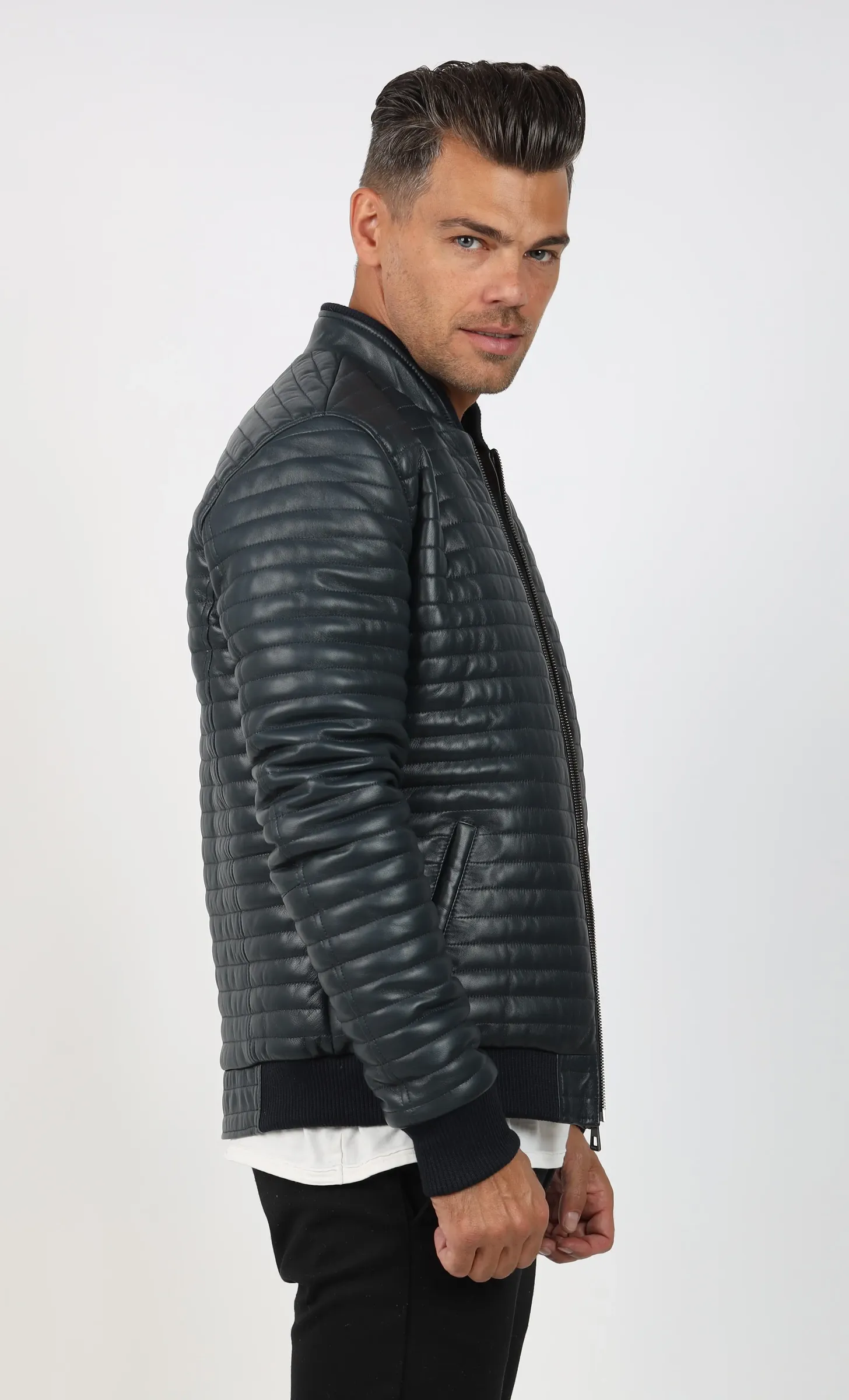 Geacă de Bărbați din Piele  Matlasată Bomber Model Adam Bleumarin