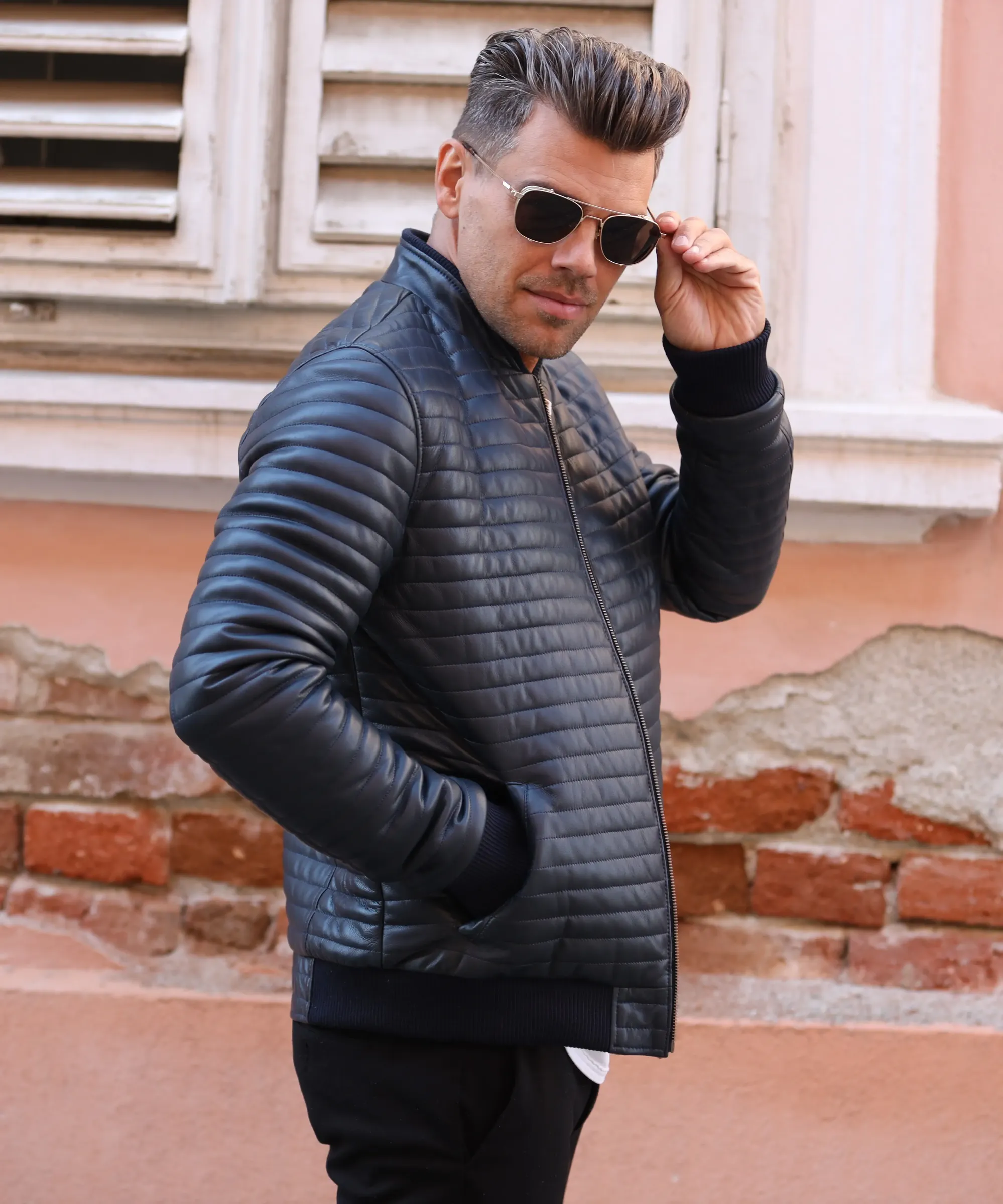 Geacă de Bărbați din Piele  Matlasată Bomber Model Adam Bleumarin