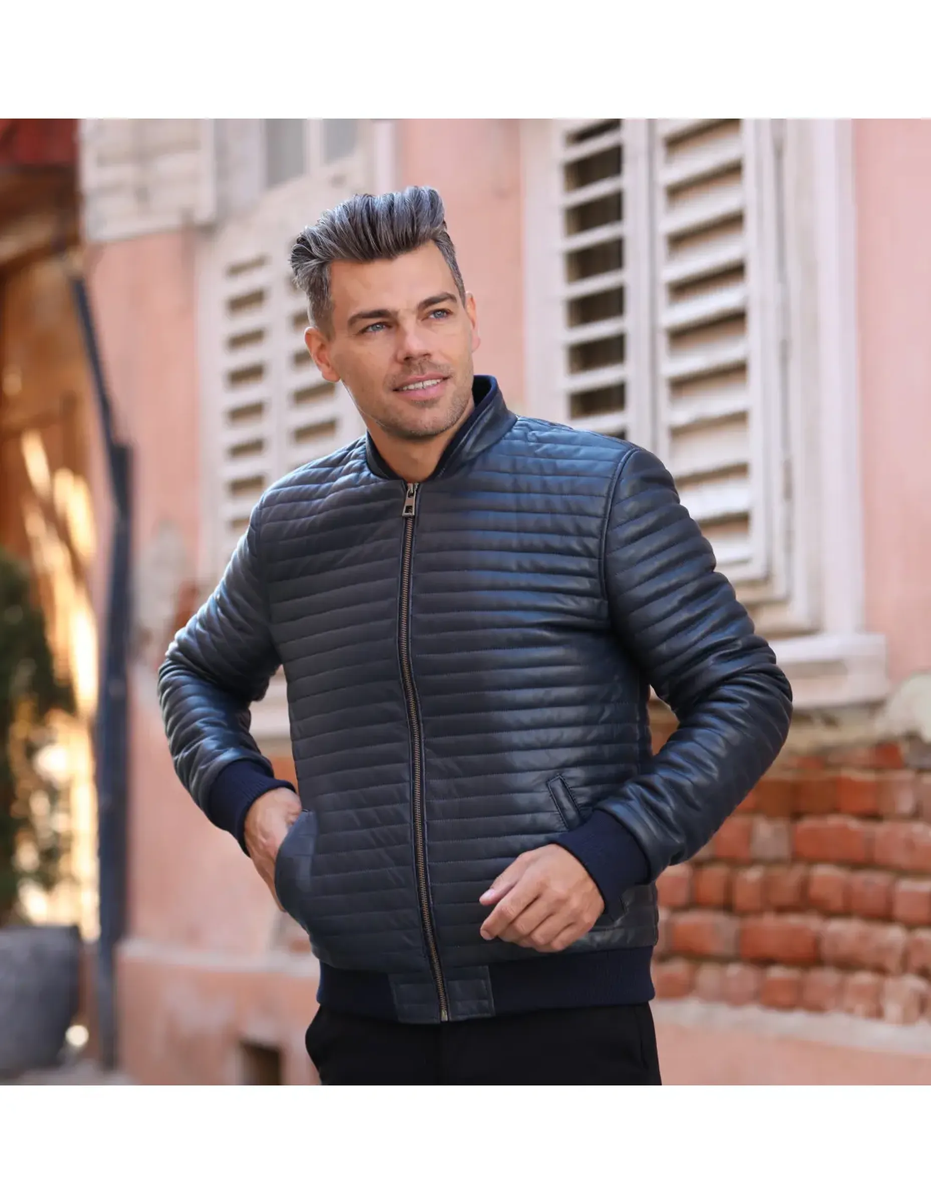 Geacă de Bărbați din Piele  Matlasată Bomber Model Adam Bleumarin