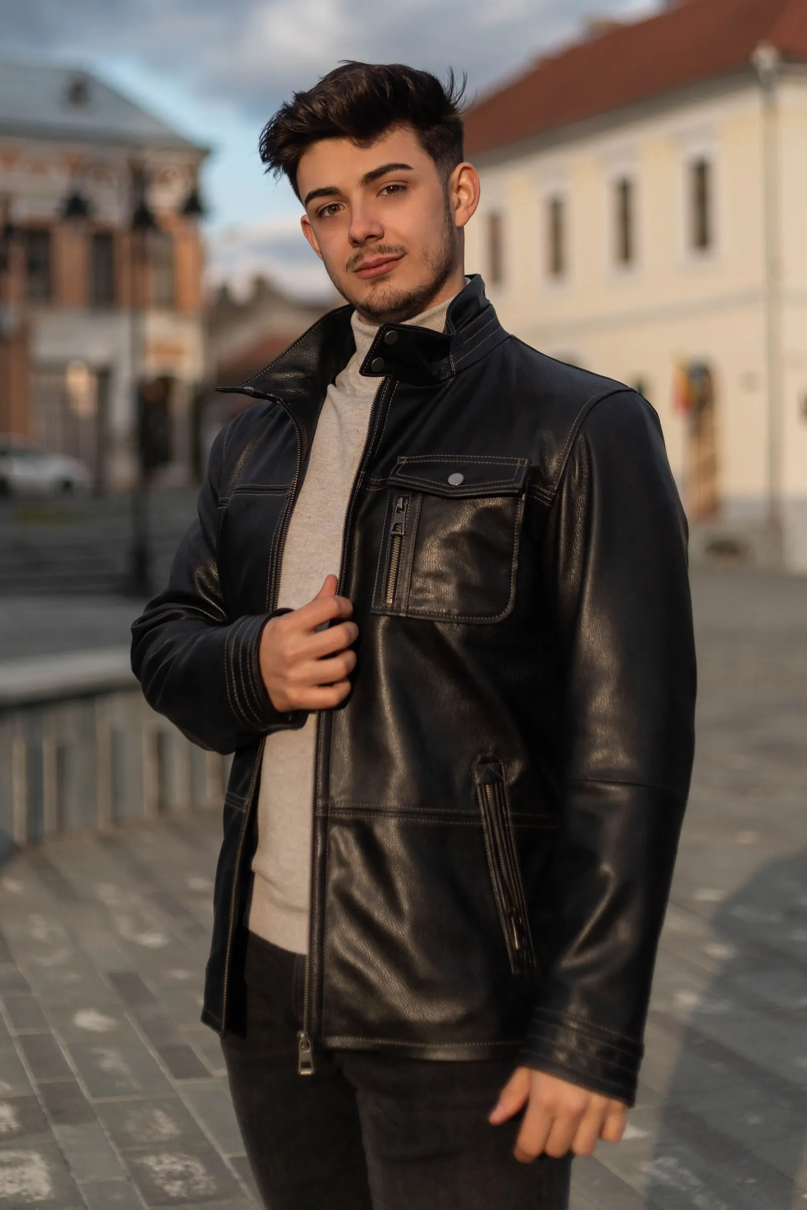 Geacă de Bărbați din Piele de Miel Tip Sacou Model Gabriel Negru