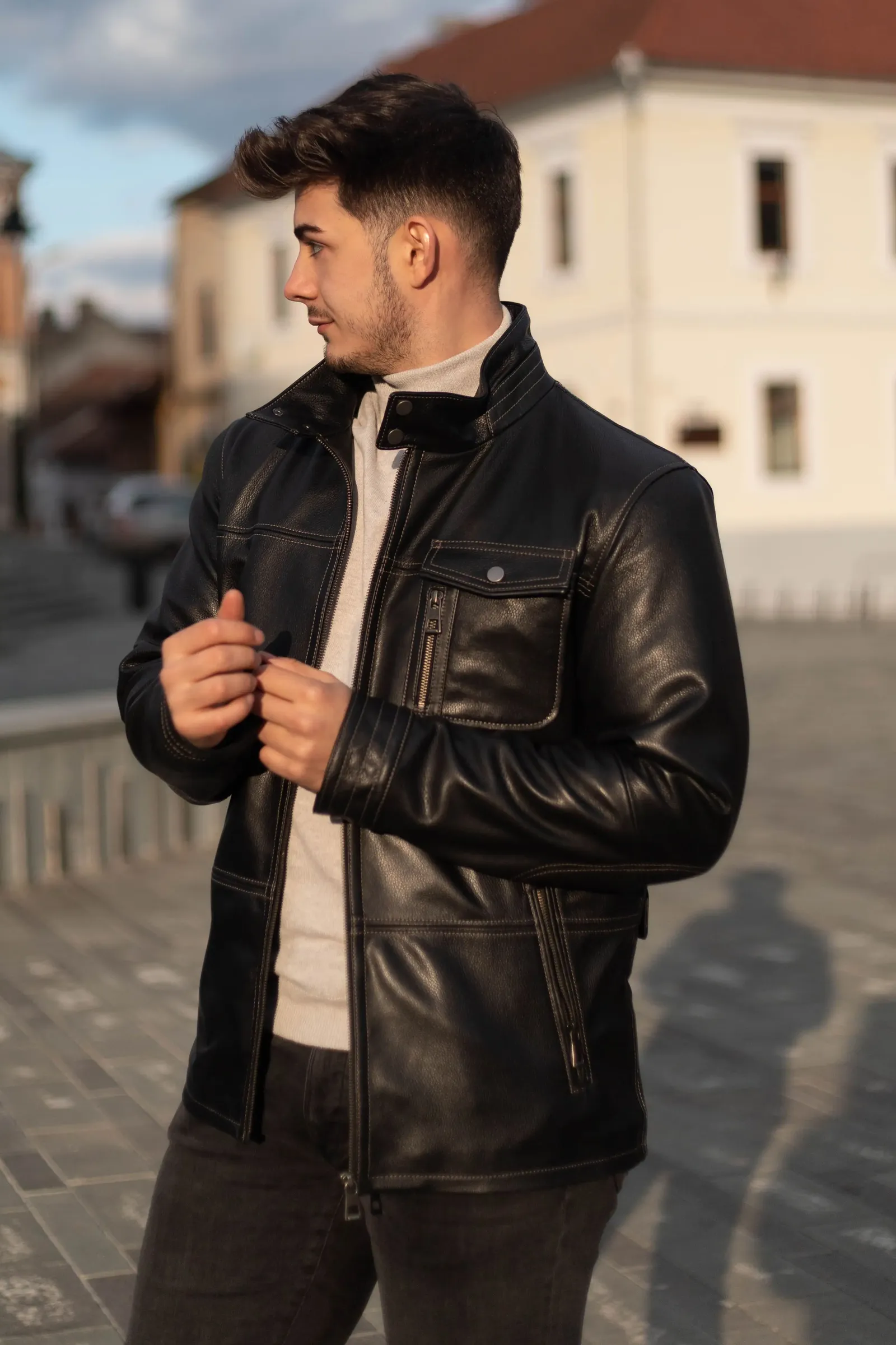 Geacă de Bărbați din Piele de Miel Tip Sacou Model Gabriel Negru