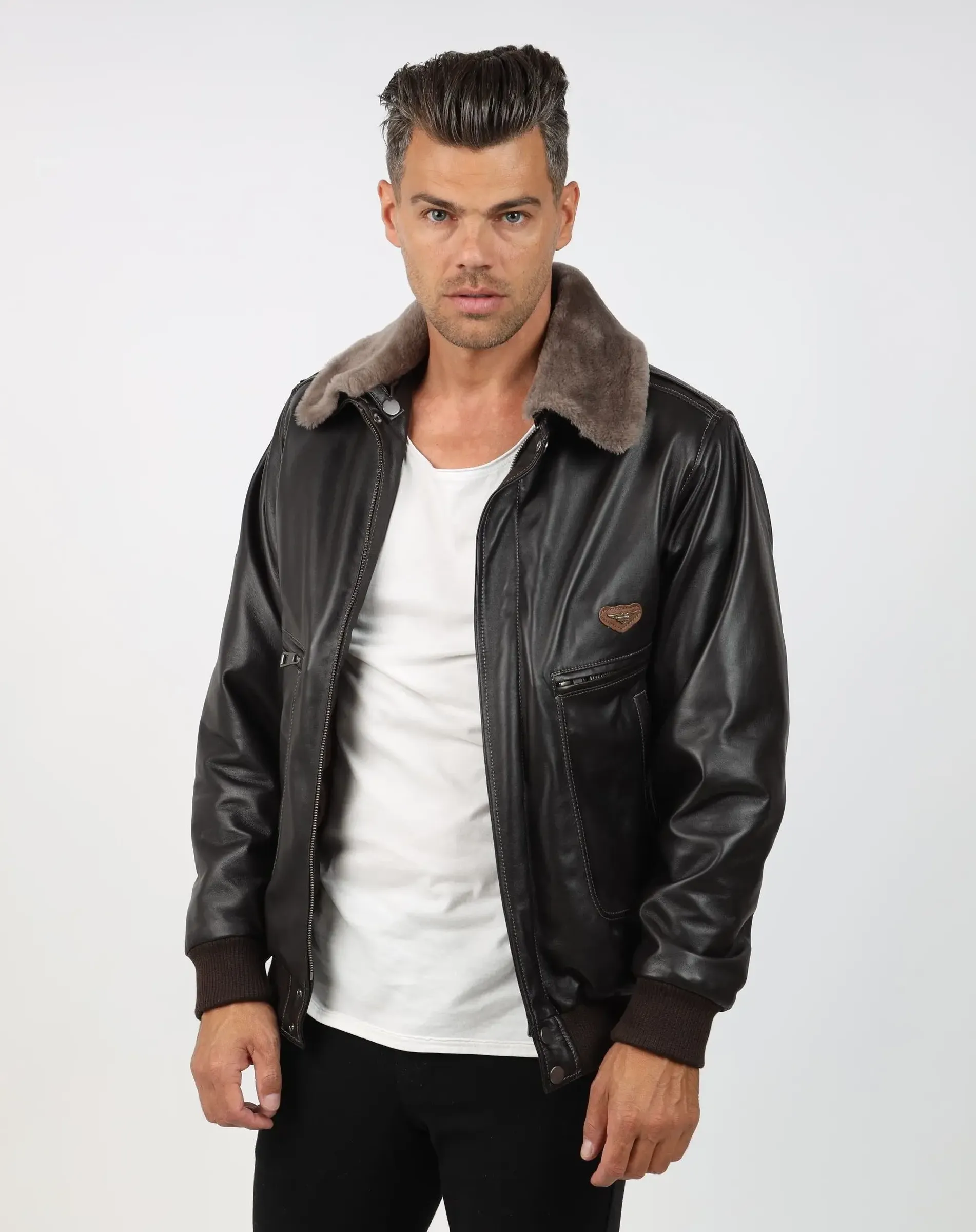 Geacă de Bărbați Tip Pilot Din Piele de Miel cu Guler Detașabil de Blană Model Aviator GB 1