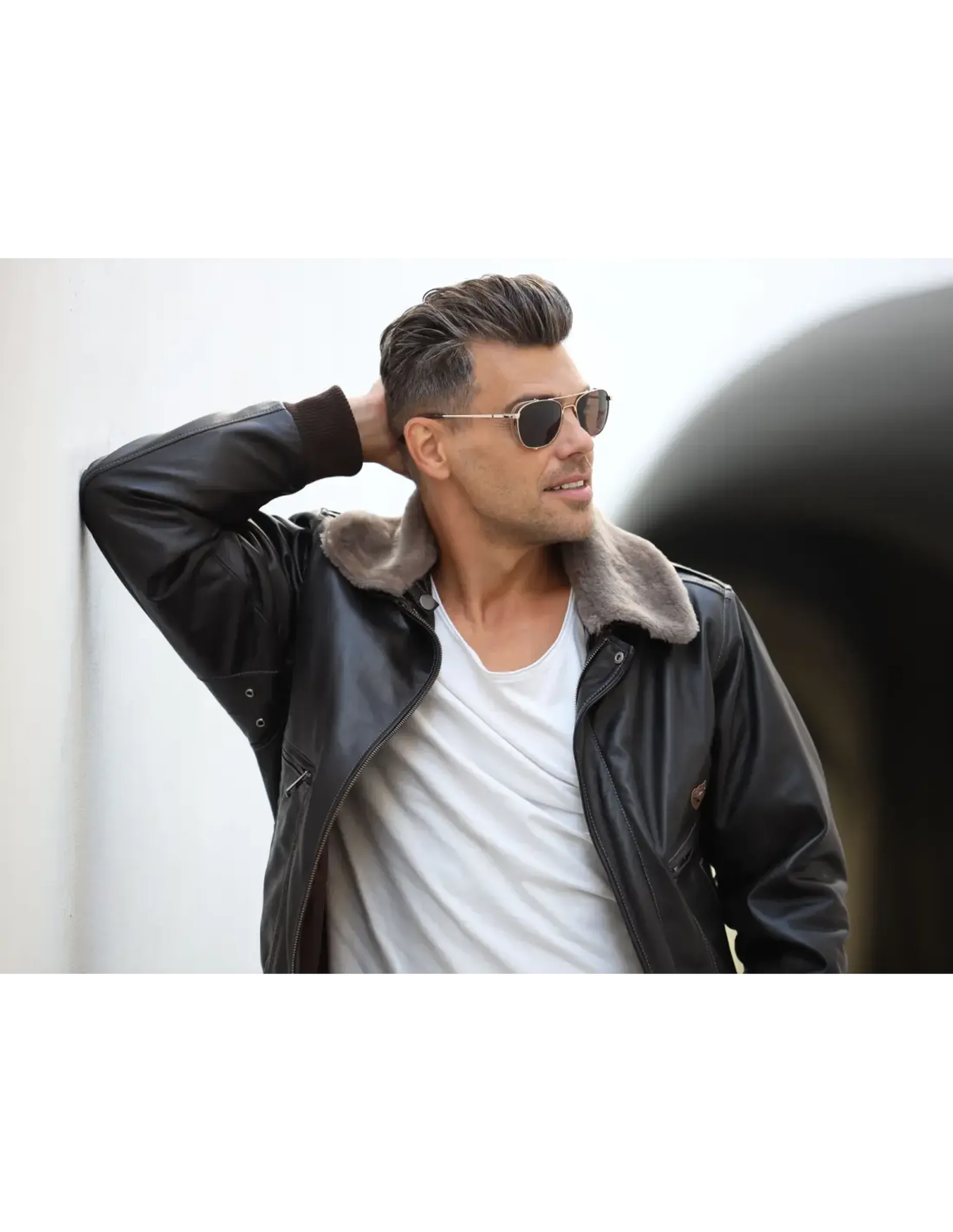 Geacă de Bărbați Tip Pilot Din Piele de Miel cu Guler Detașabil de Blană Model Aviator GB 1