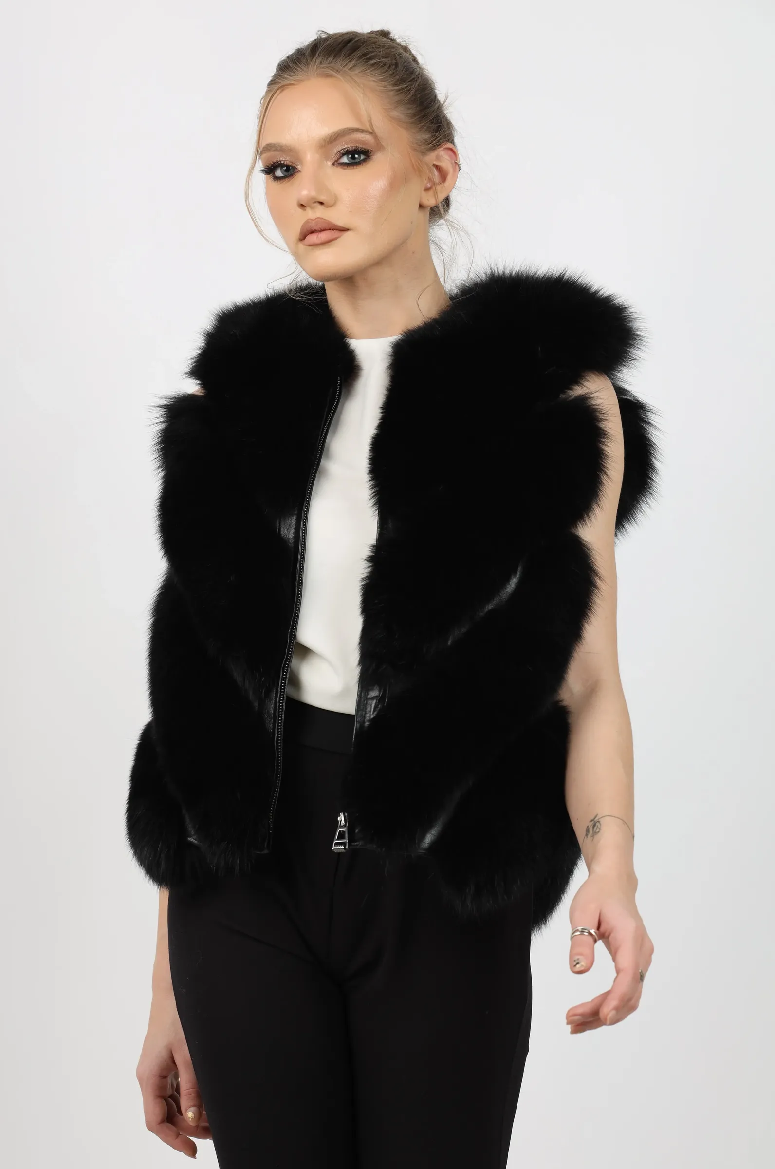 Haină de Damă din Blană de Vulpe Argintie Model Sonia 03 Negru