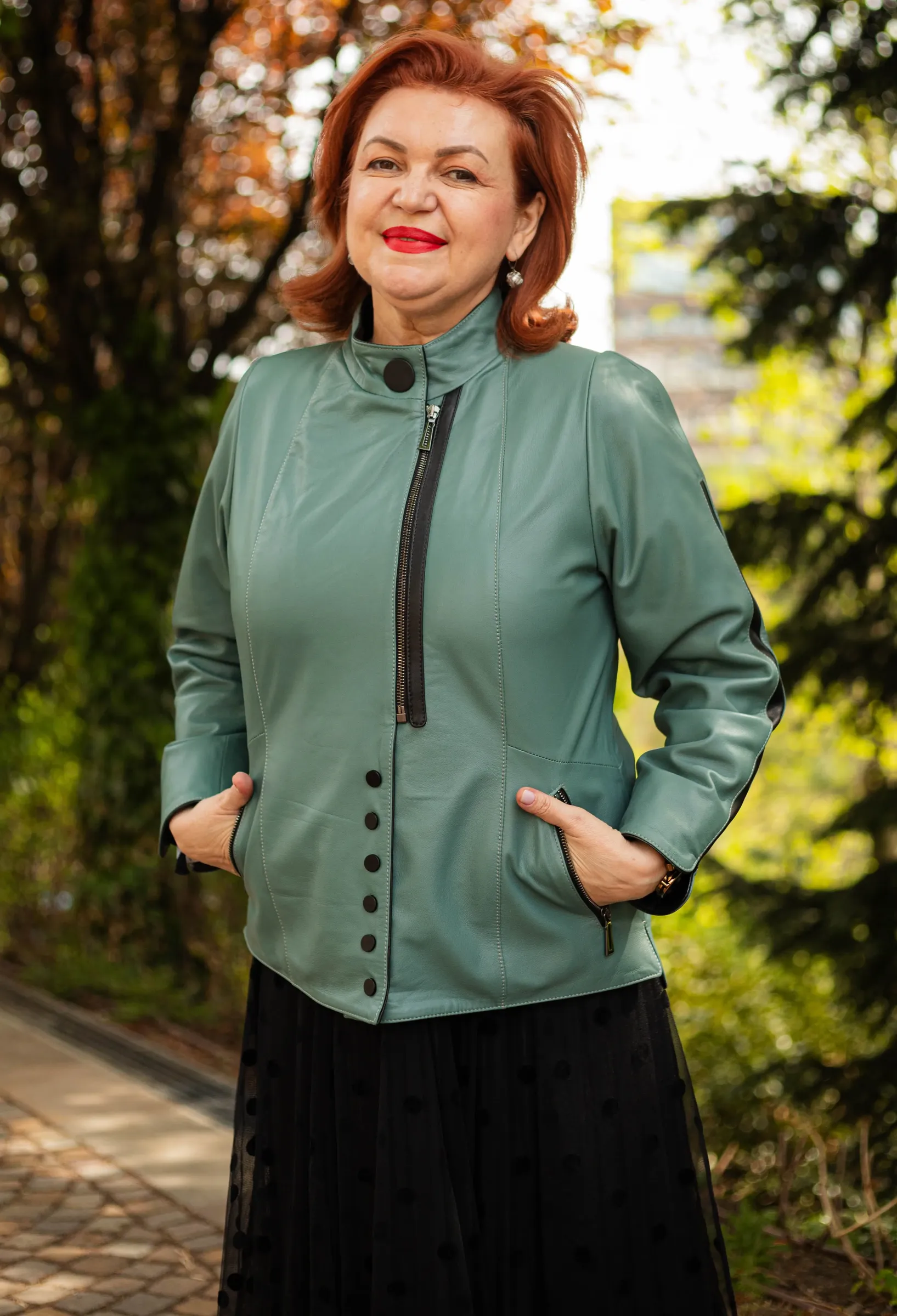 Geacă de Damă din Piele de Miel cu Fermoar și Butoni Model Demetra Verde
