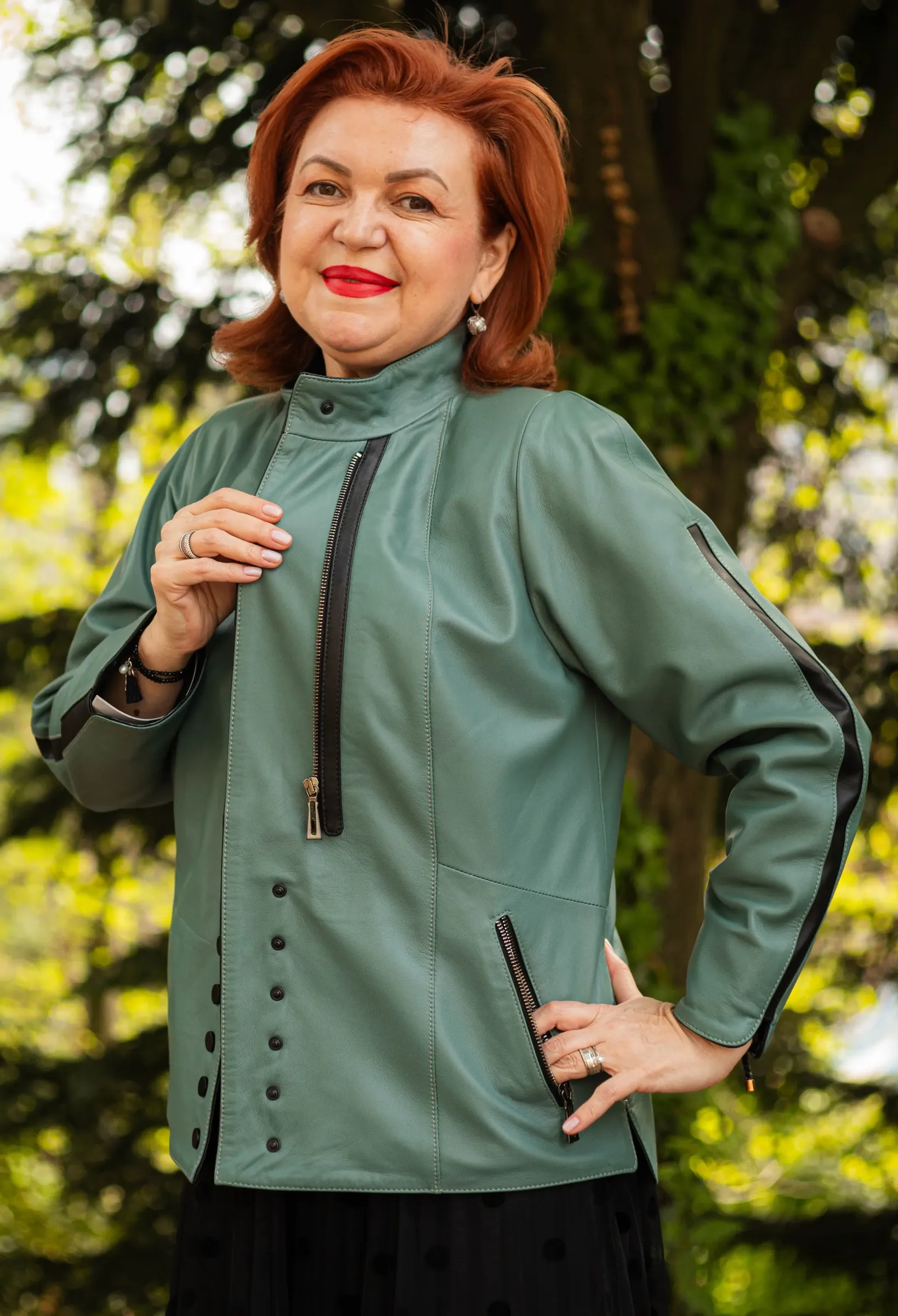 Geacă de Damă din Piele de Miel cu Fermoar și Butoni Model Demetra Verde