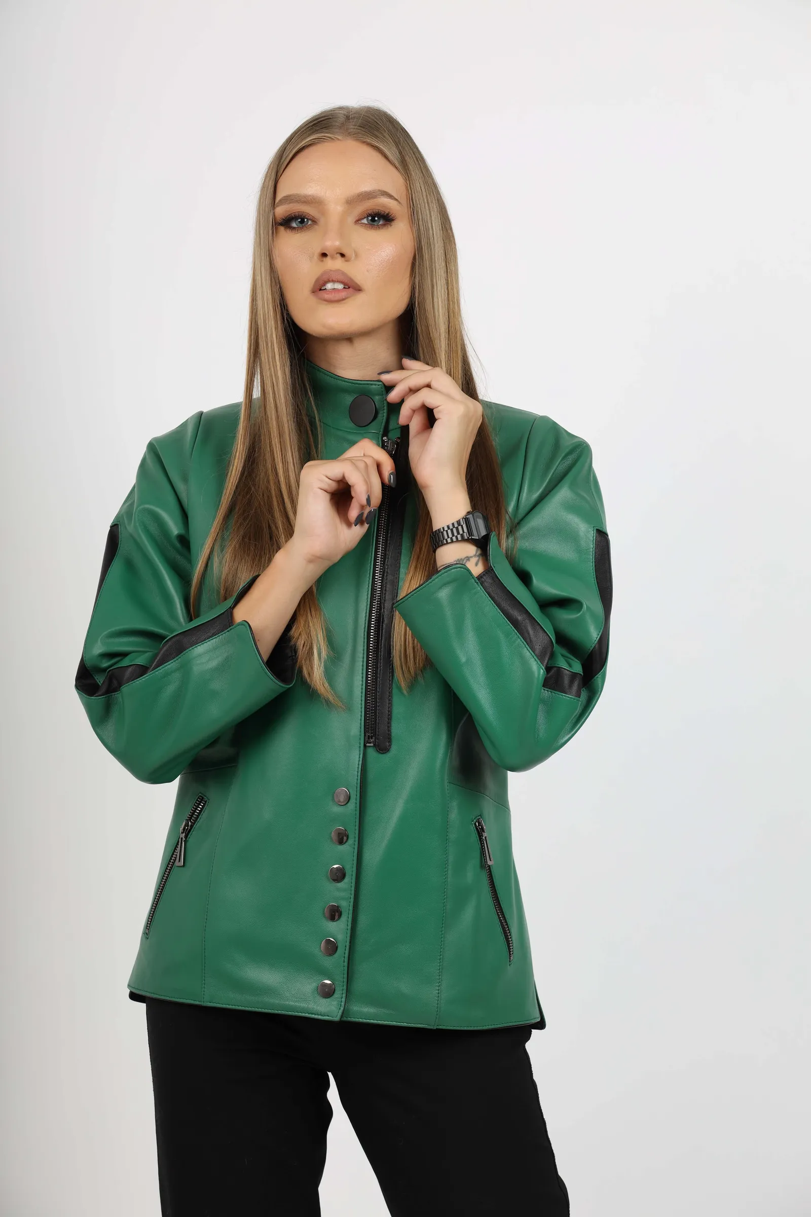 Geacă de Damă din Piele de Miel cu Fermoar și Butoni Model Demetra Verde Mentă