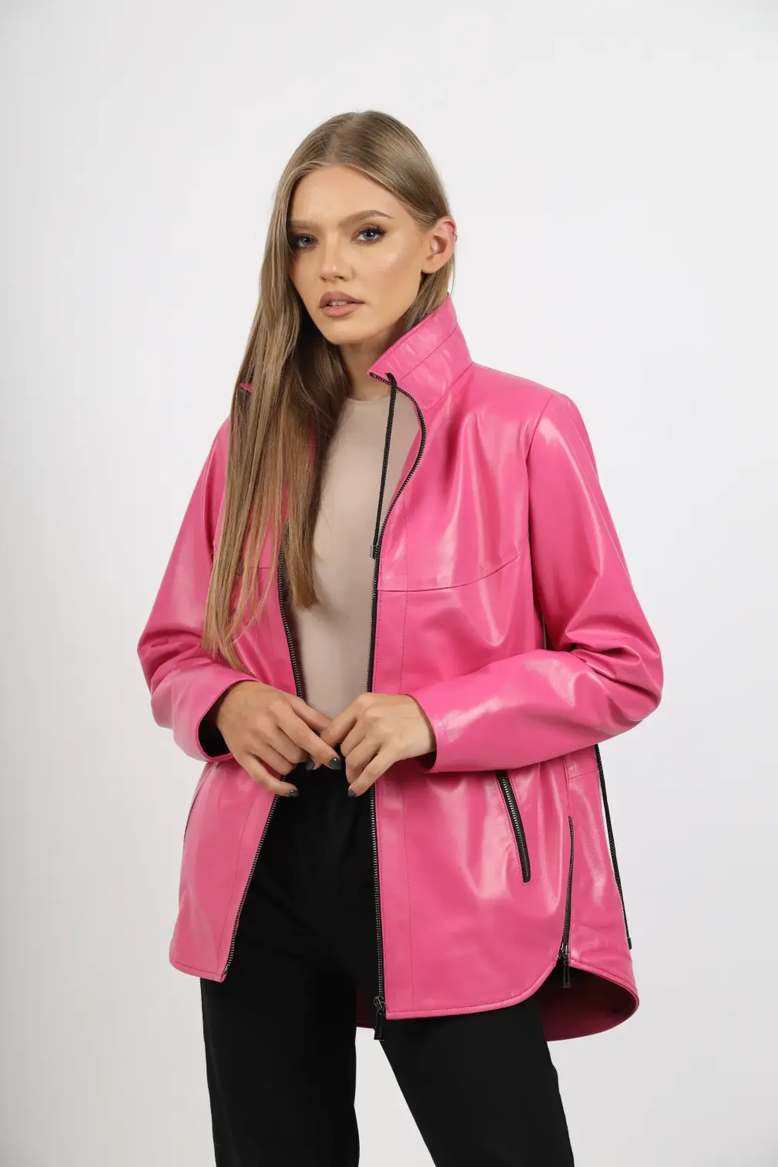 Geacă de Damă din Piele de Miel cu Jnur Reglabil în Talie Model Lidia Barbie Pink