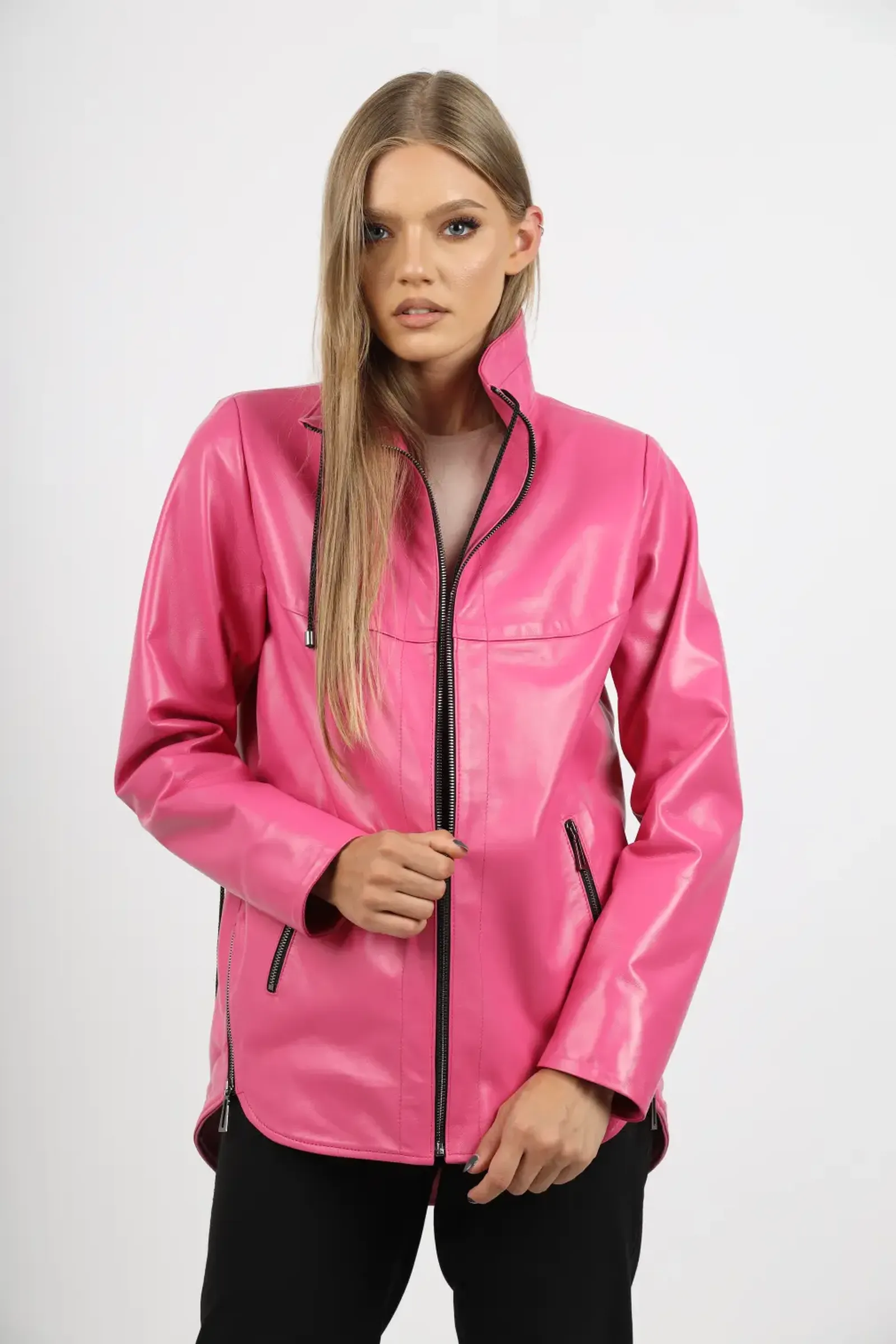 Geacă de Damă din Piele de Miel cu Jnur Reglabil în Talie Model Lidia Barbie Pink