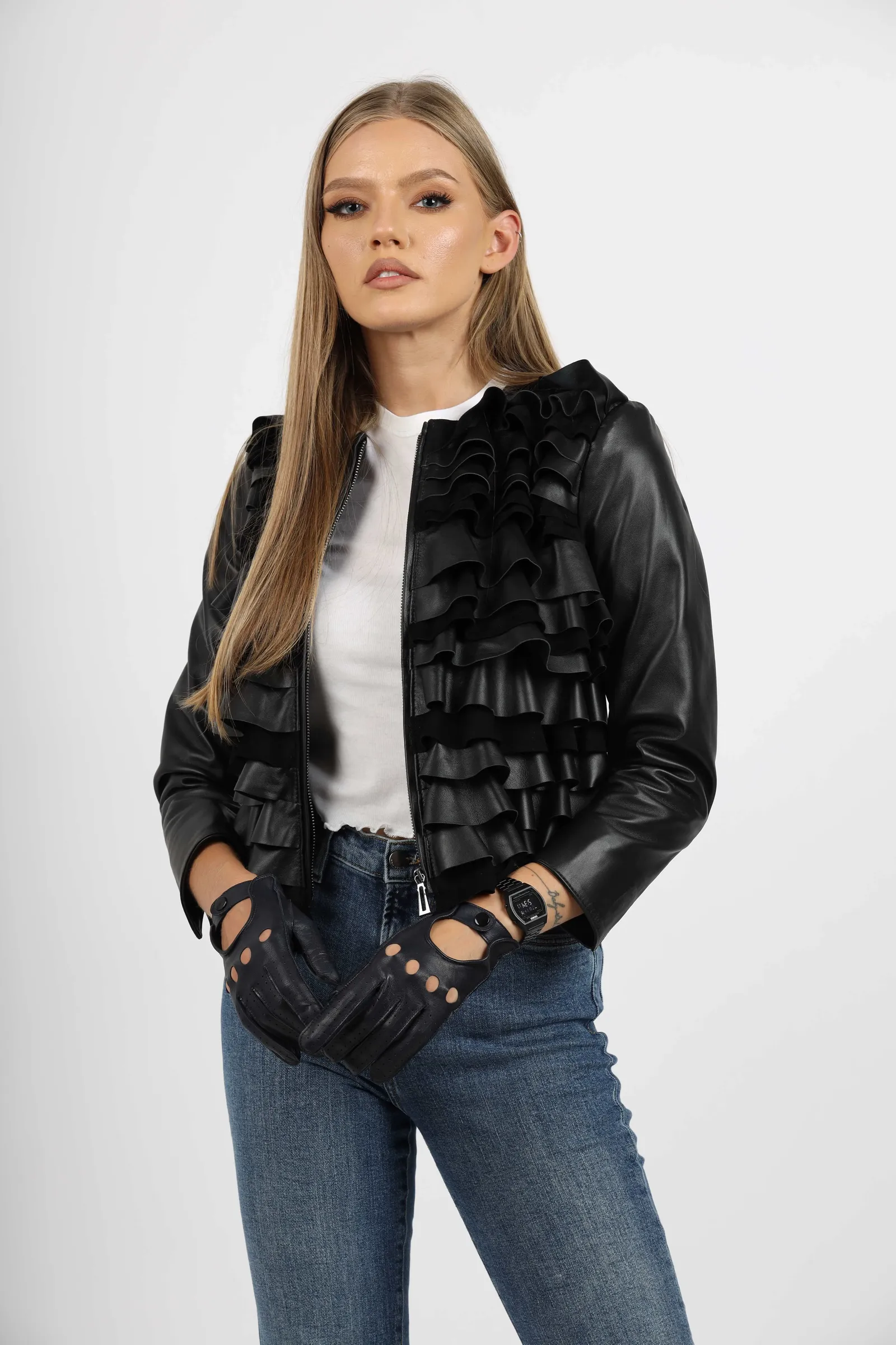 Geacă de Damă din Piele de Miel cu Volonașe Model Violeta Negru