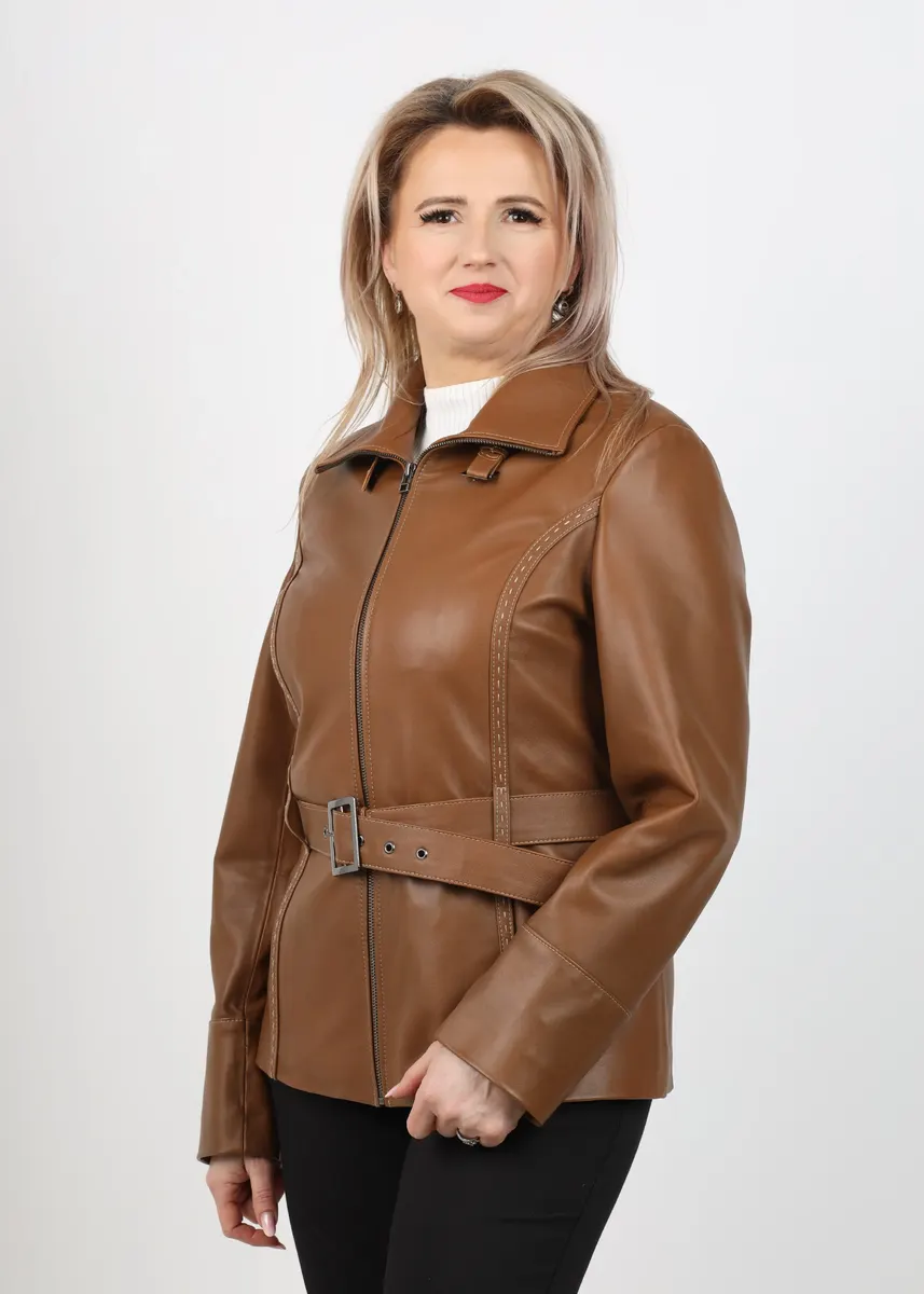 Geacă de Damă din Piele de Miel Model Clasic Emilia Camel