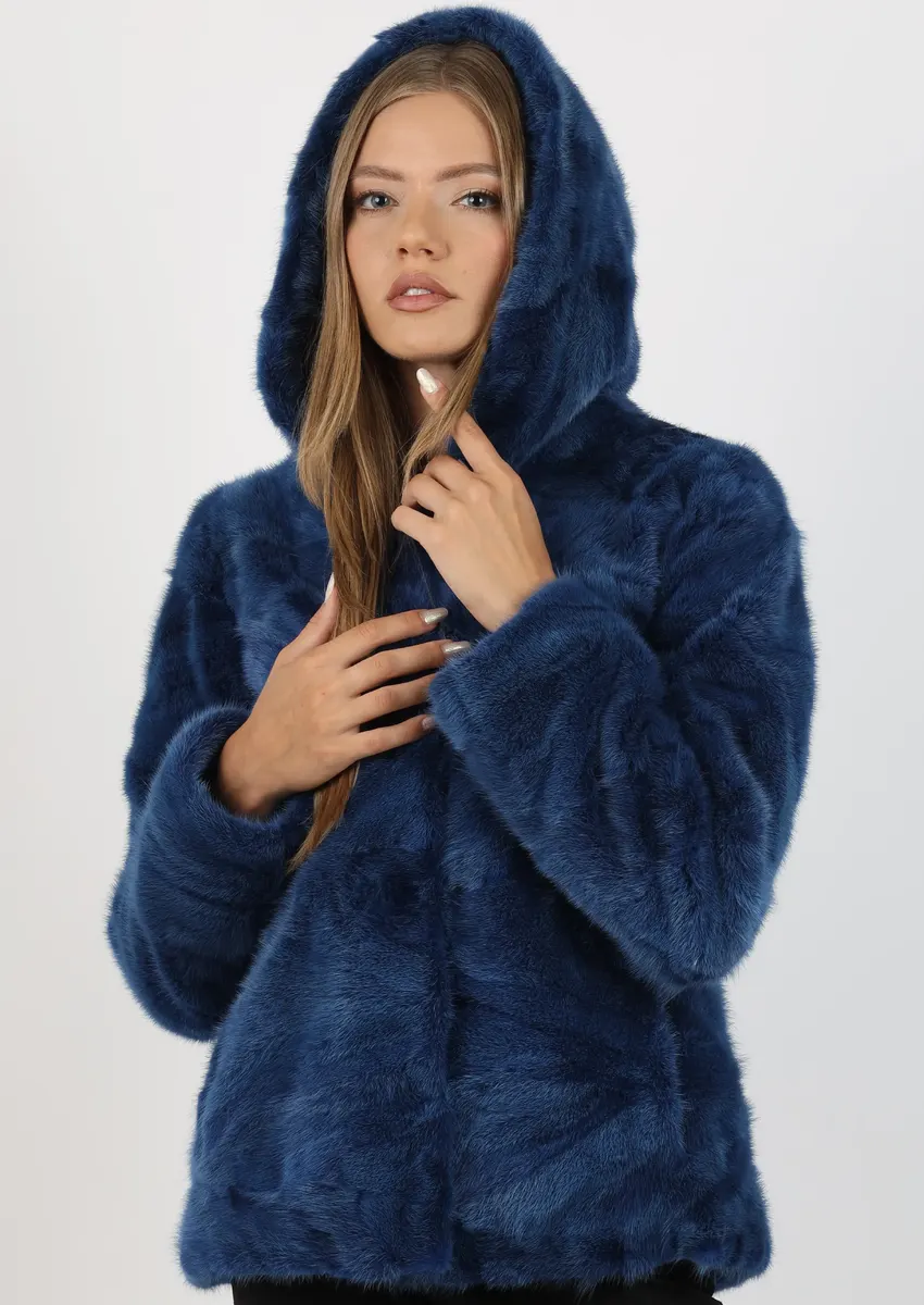 Haină de Damă din Blană de Nurcă cu Glugă Model Ocean Blue