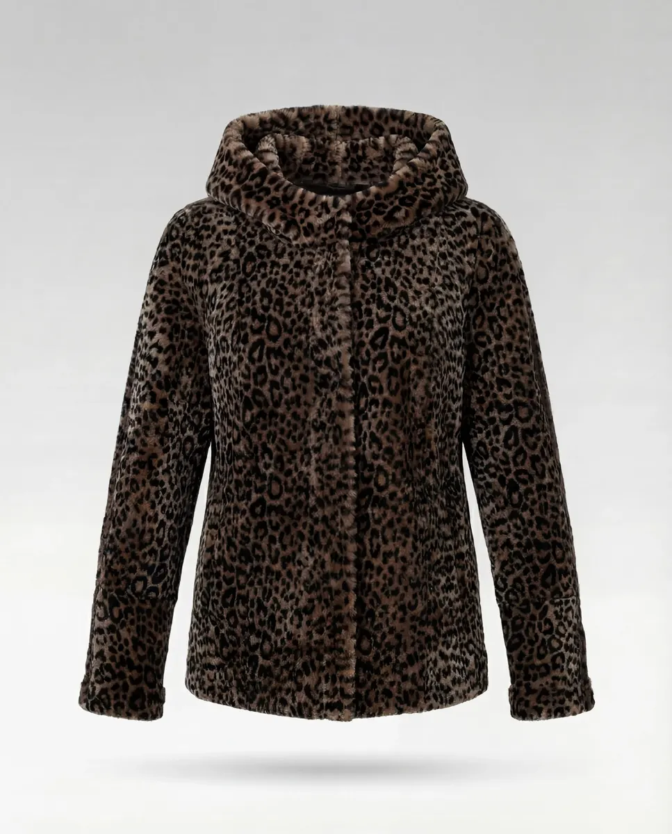 Geacă cu Dublă Față de Damă din Blană de Miel Imprimeu Animal Print