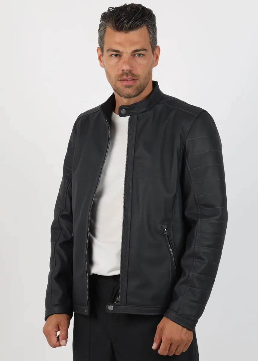 Geacă de Bărbați din Piele Premium de Miel cu Finisaj Mat Urban Model Sergiu Albastru