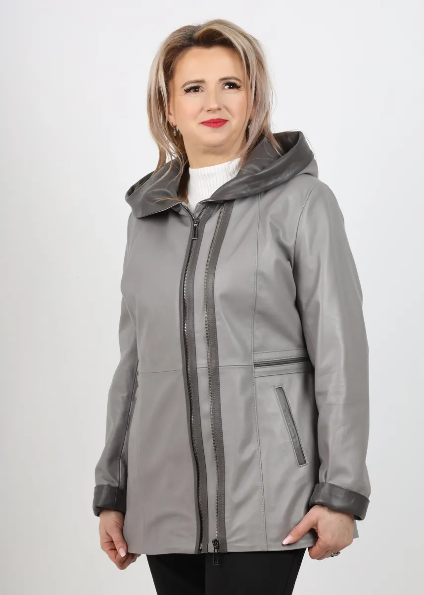 Geacă de Damă din Piele de Miel cu Glugă Model Olimpia Gri