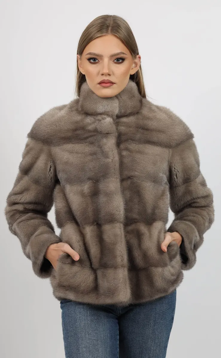 Haină de Damă din Blană de Nurcă Gri Vizon
