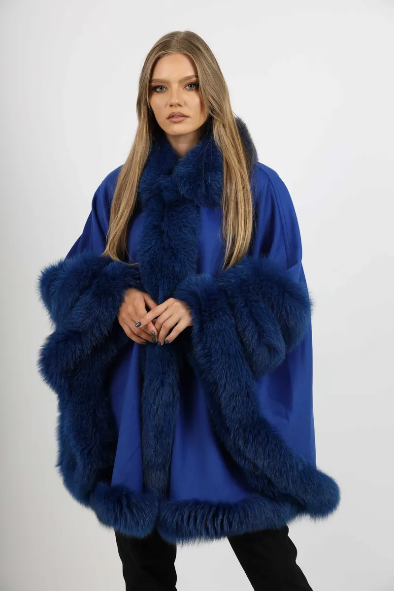 Poncho de Damă din Stofă de Cașmir și Vulpe Argintie Albastru Electric