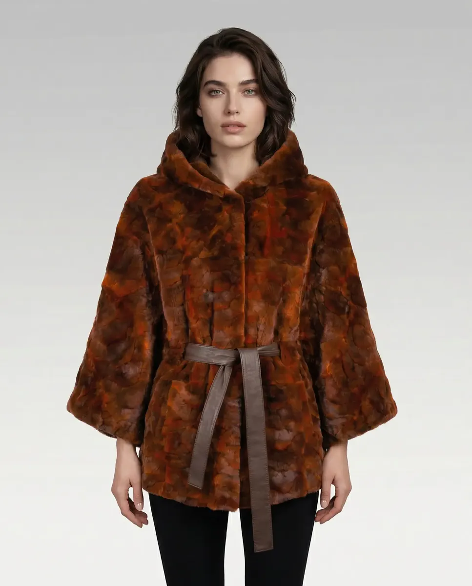 Produs Unicat: Poncho de Damă din Nurcă cu Cordon și Guler din Vulpe Argintie Butterfly Orange