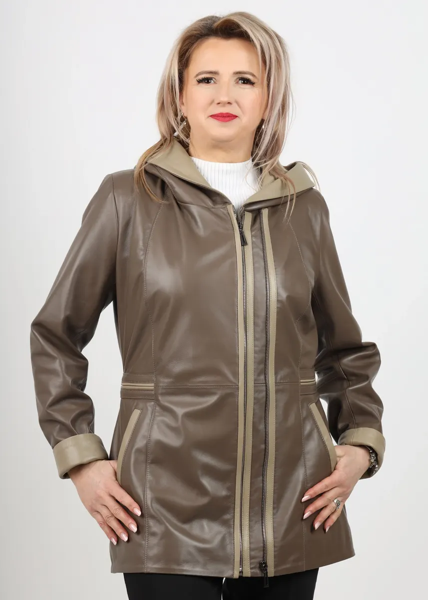 Geacă de Damă din Piele de Miel cu Glugă Model Olimpia Maro