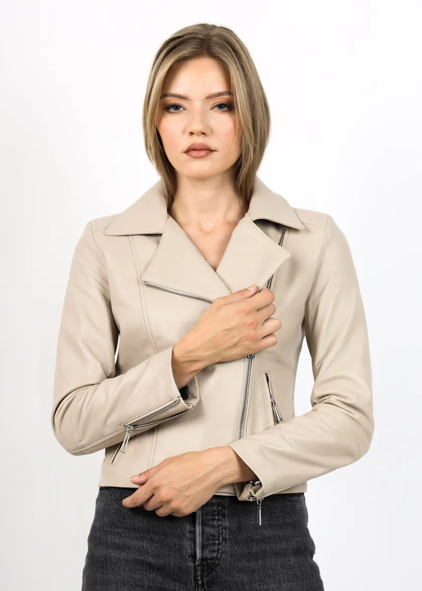 Geacă de Damă din Piele de Miel Model Urban Giovana Crem