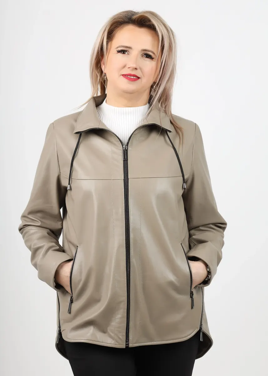 Geacă de Damă din Piele de Miel cu Jnur Reglabil în Talie Model Lidia Crem