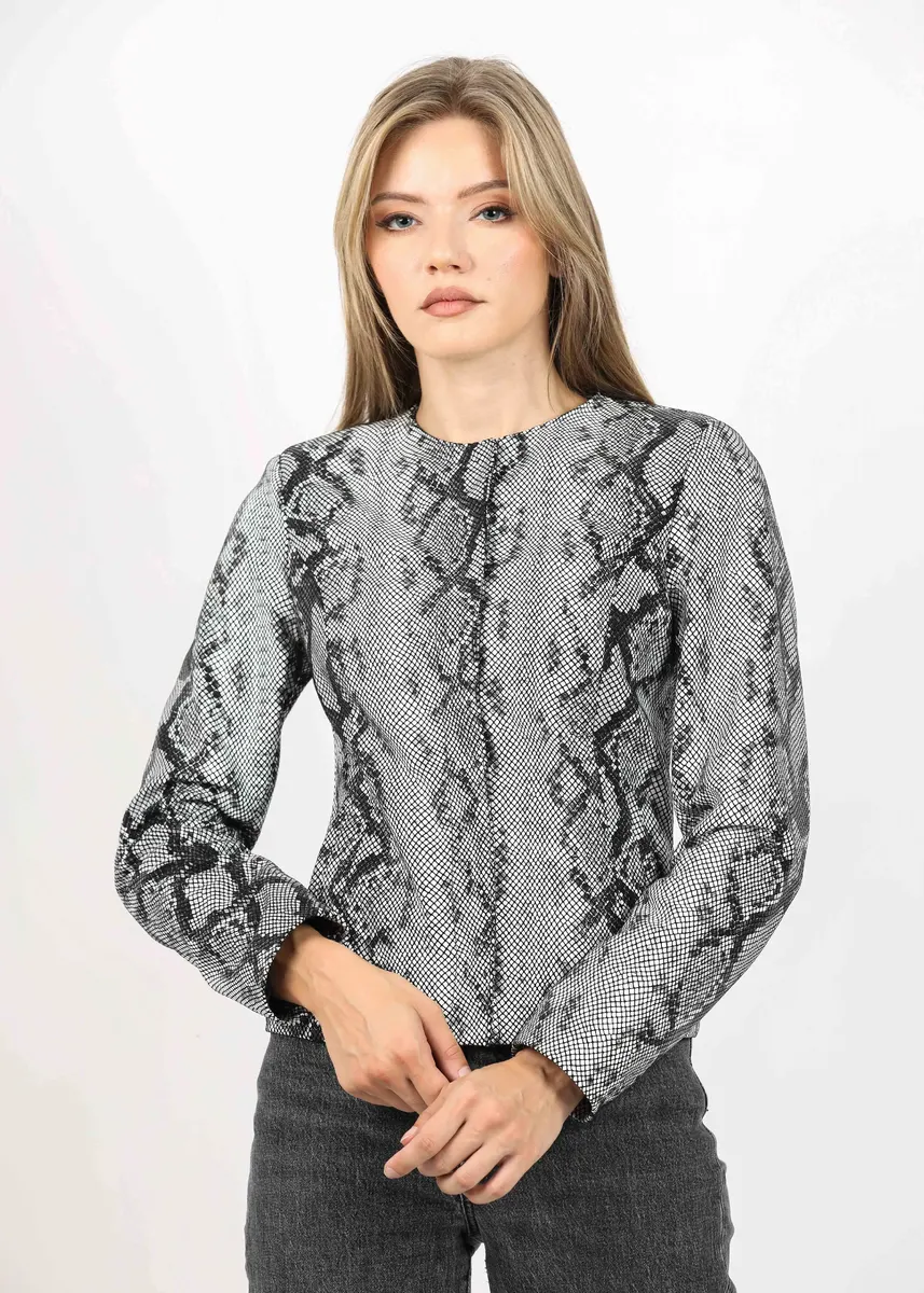 Geacă de Damă din Piele de Miel Tip Sacou Model Irene Imprimeu Șarpe