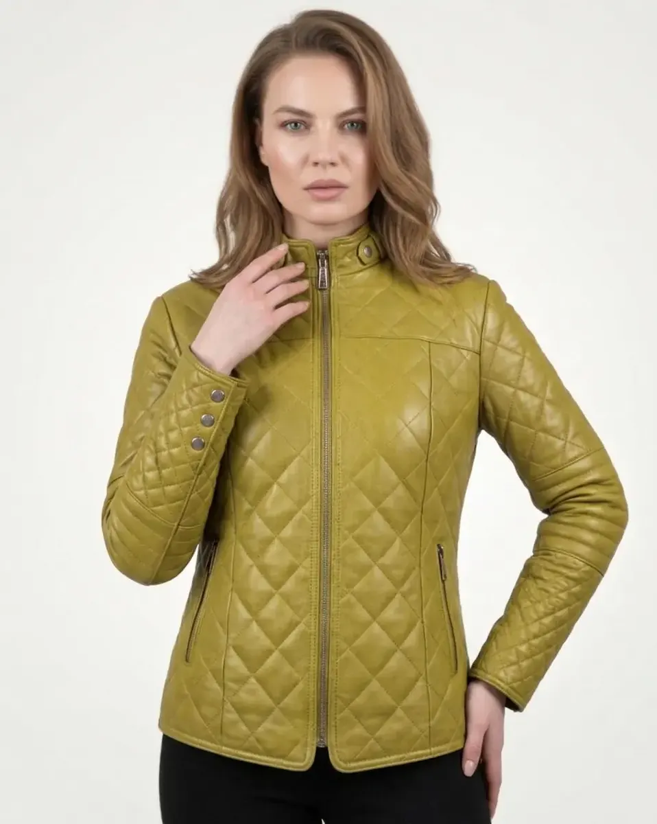Geacă de Damă din Piele de Miel Matlasată Model Adriana Verde