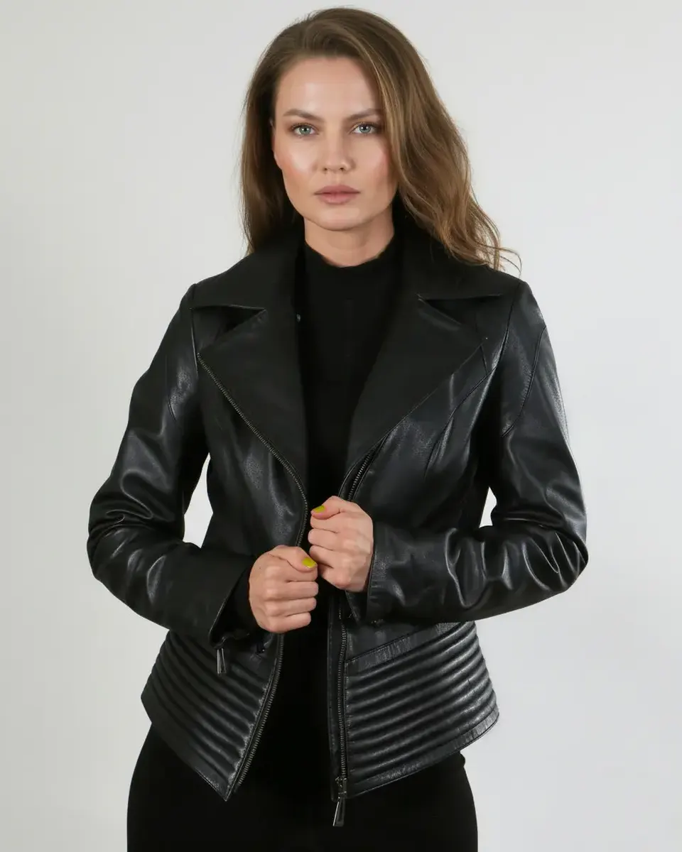 Geacă de Damă din Piele de Miel cu Revere Model Urban Elsa Negru