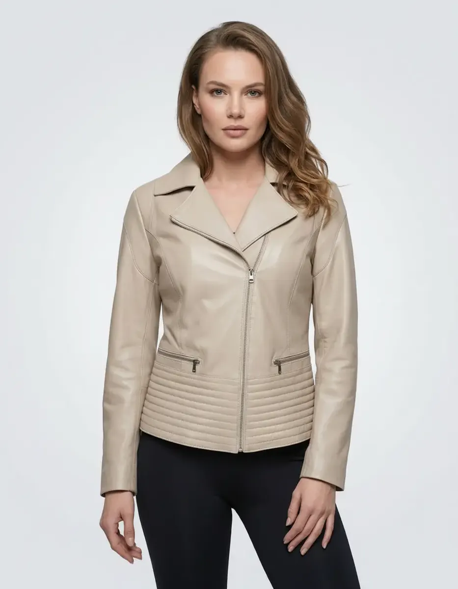 Geacă de Damă din Piele de Miel cu Revere Model Urban Elsa Crem