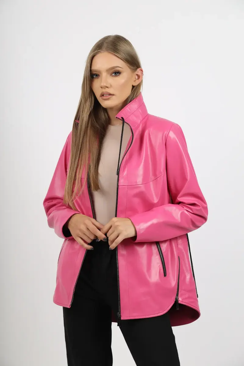 Geacă de Damă din Piele de Miel cu Jnur Reglabil în Talie Model Lidia Barbie Pink