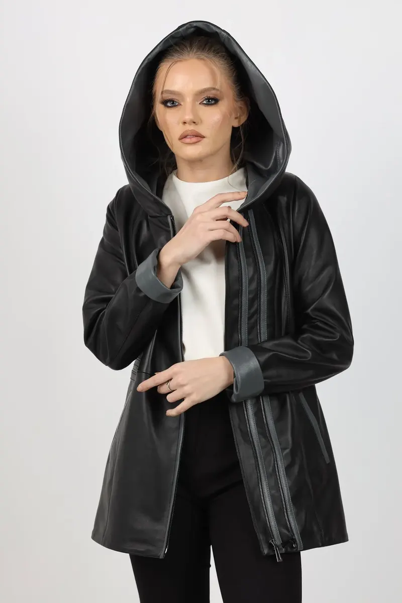 Geacă de Damă din Piele de Miel cu Glugă Model Olimpia Negru