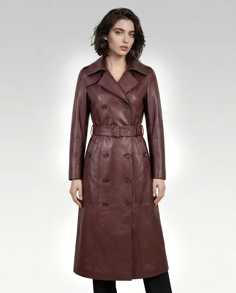 Trench de Damă din Piele de Miel Model Xena Burgundy