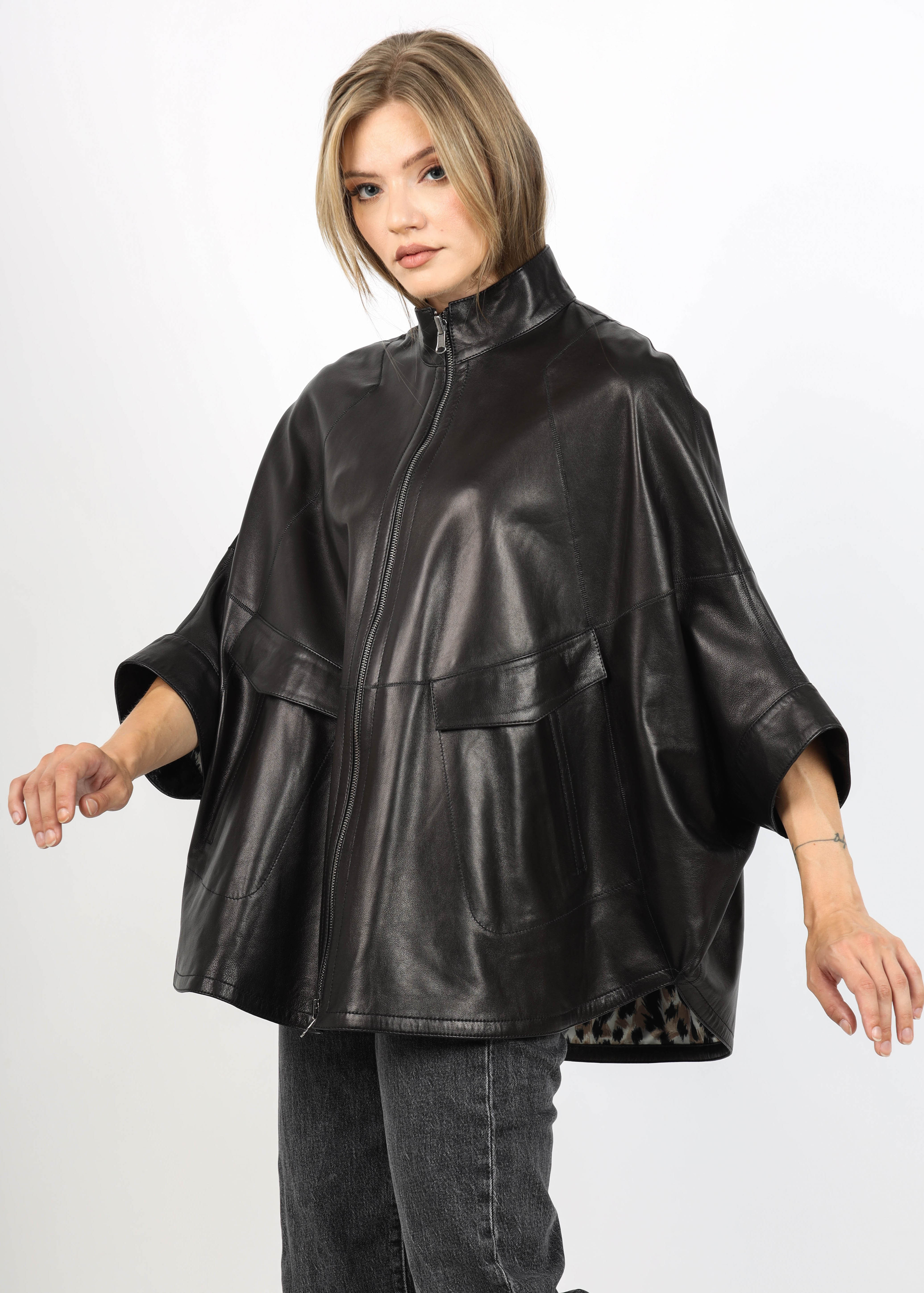 Geacă de Damă din Piele Nappa de Miel cu Dublă Față Model Felicia Negru - imagine 2