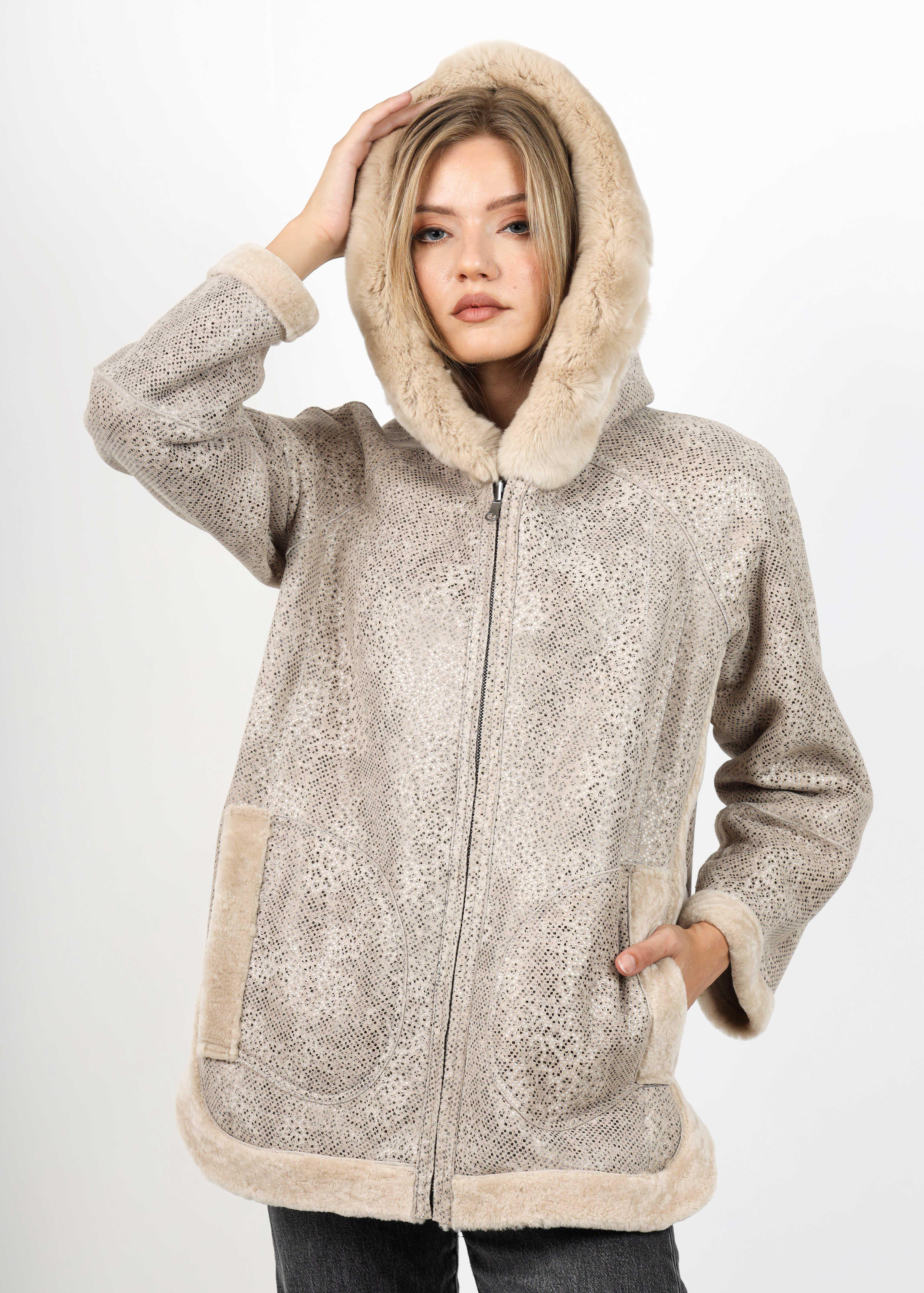 Haină de Damă din Blană de Miel Australian cu Dublă Față Model Petra Crem - imagine 1