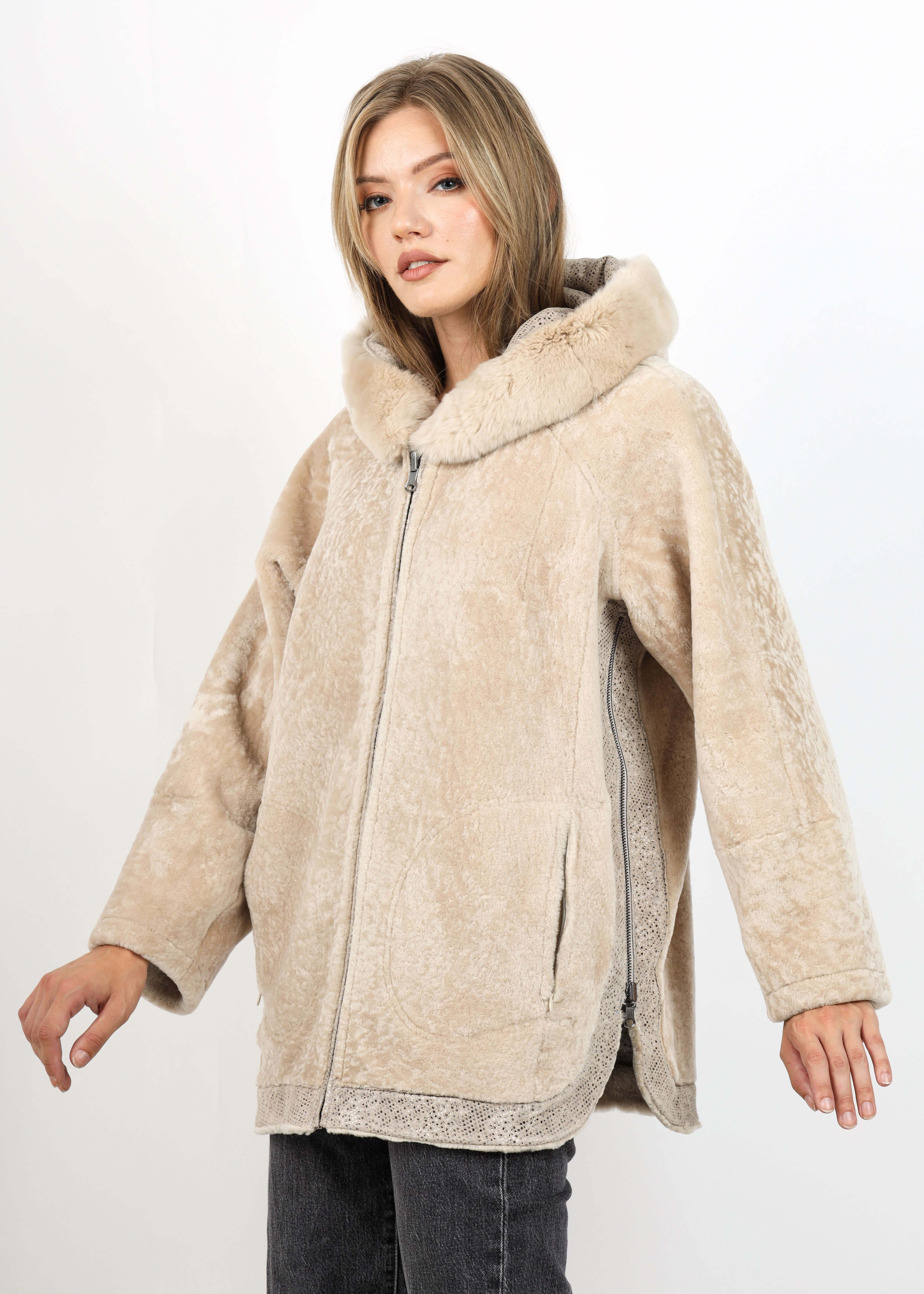 Haină de Damă din Blană de Miel Australian cu Dublă Față Model Petra Crem - imagine 2