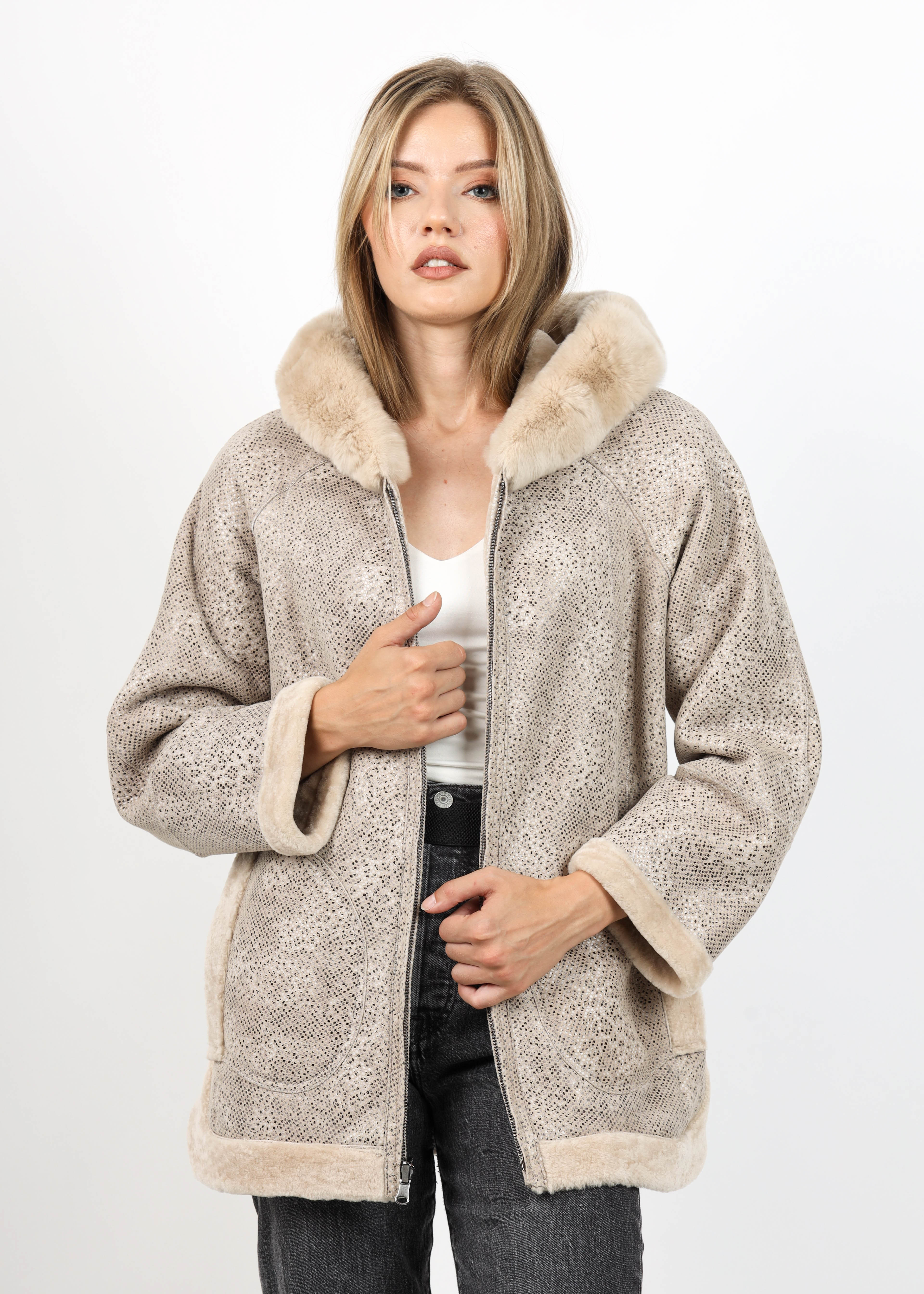 Haină de Damă din Blană de Miel Australian cu Dublă Față Model Petra Crem - imagine 6