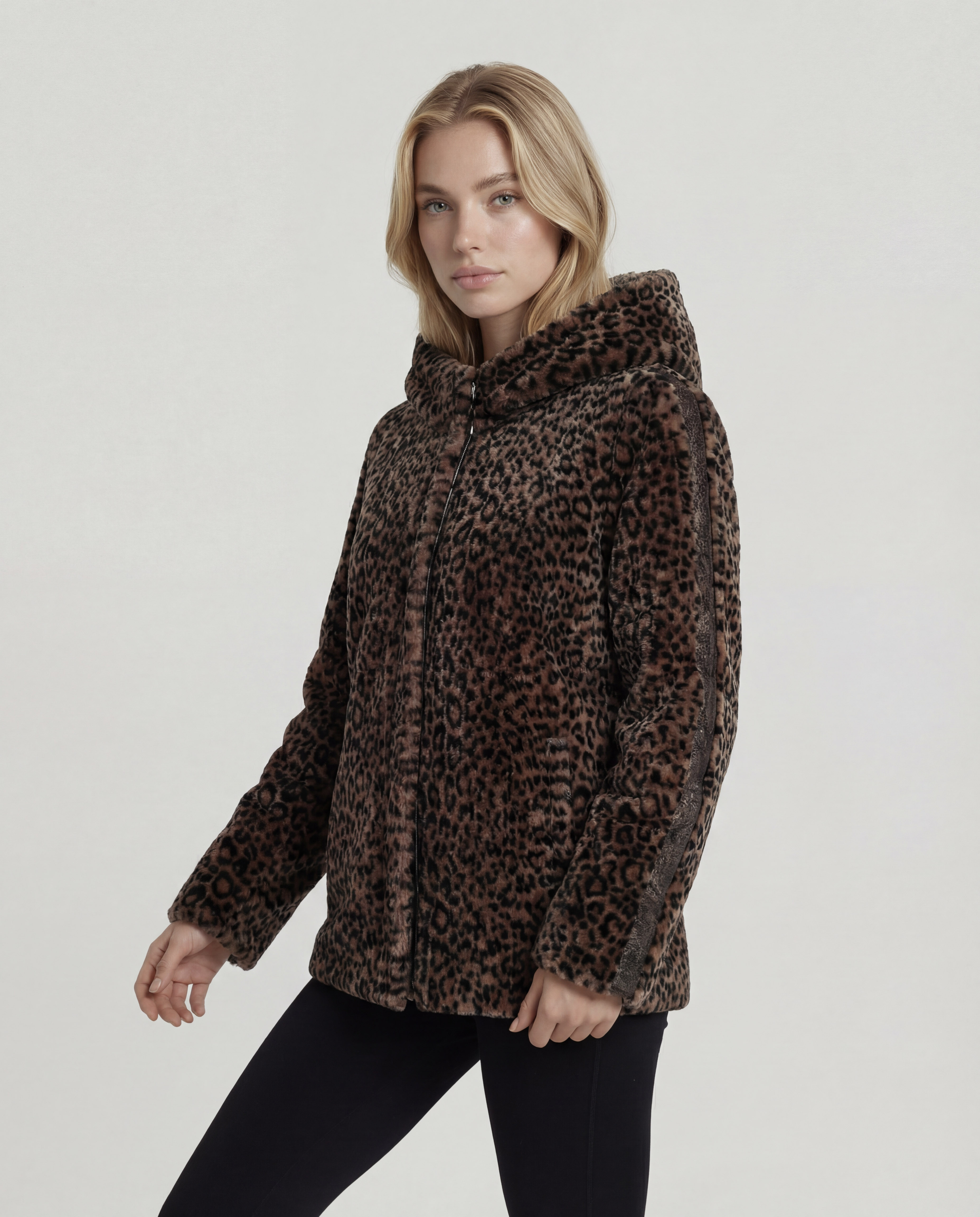 Geacă cu Dublă Față de Damă din Blană de Miel Imprimeu Animal Print - imagine 6