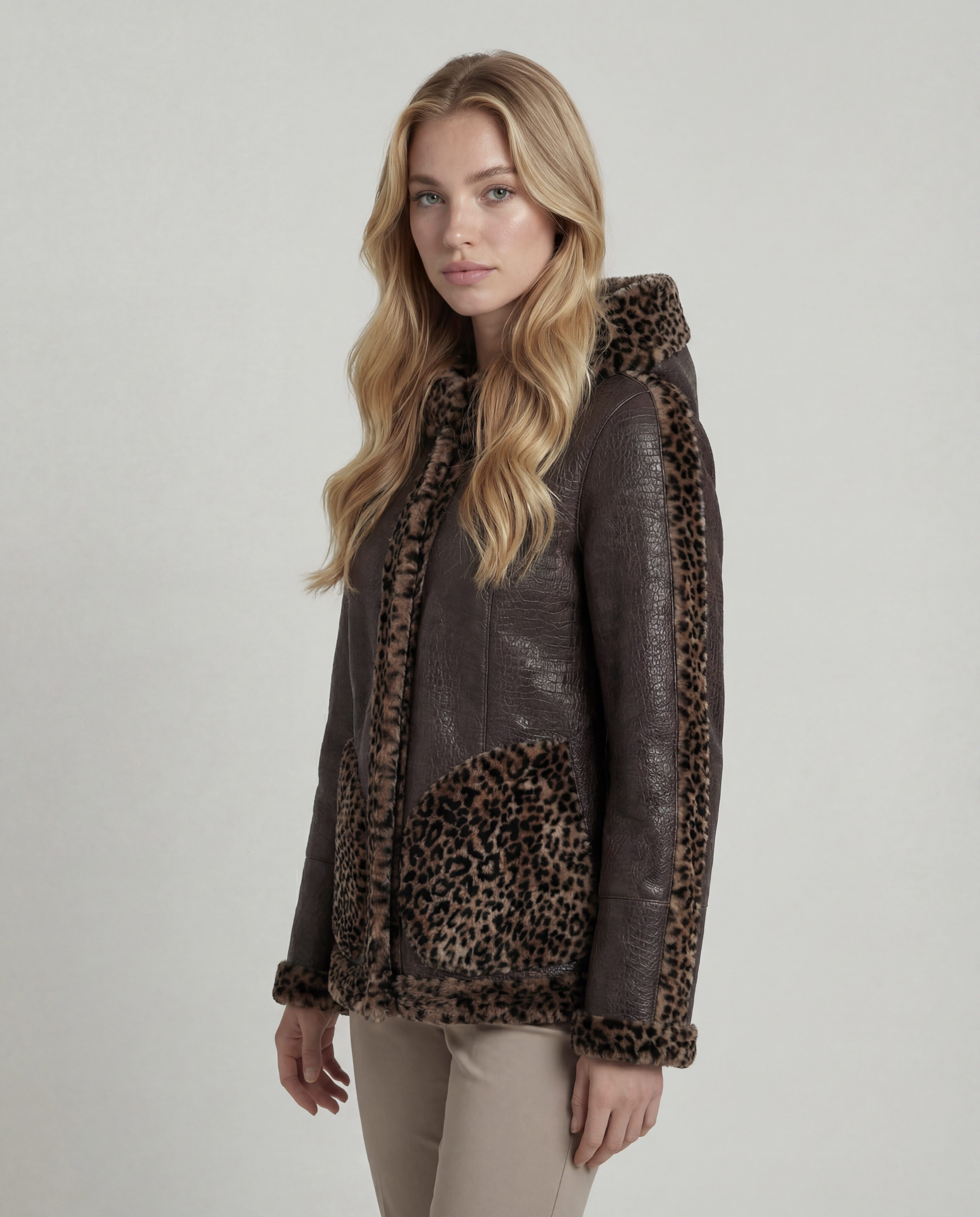 Geacă cu Dublă Față de Damă din Blană de Miel Imprimeu Animal Print - imagine 7