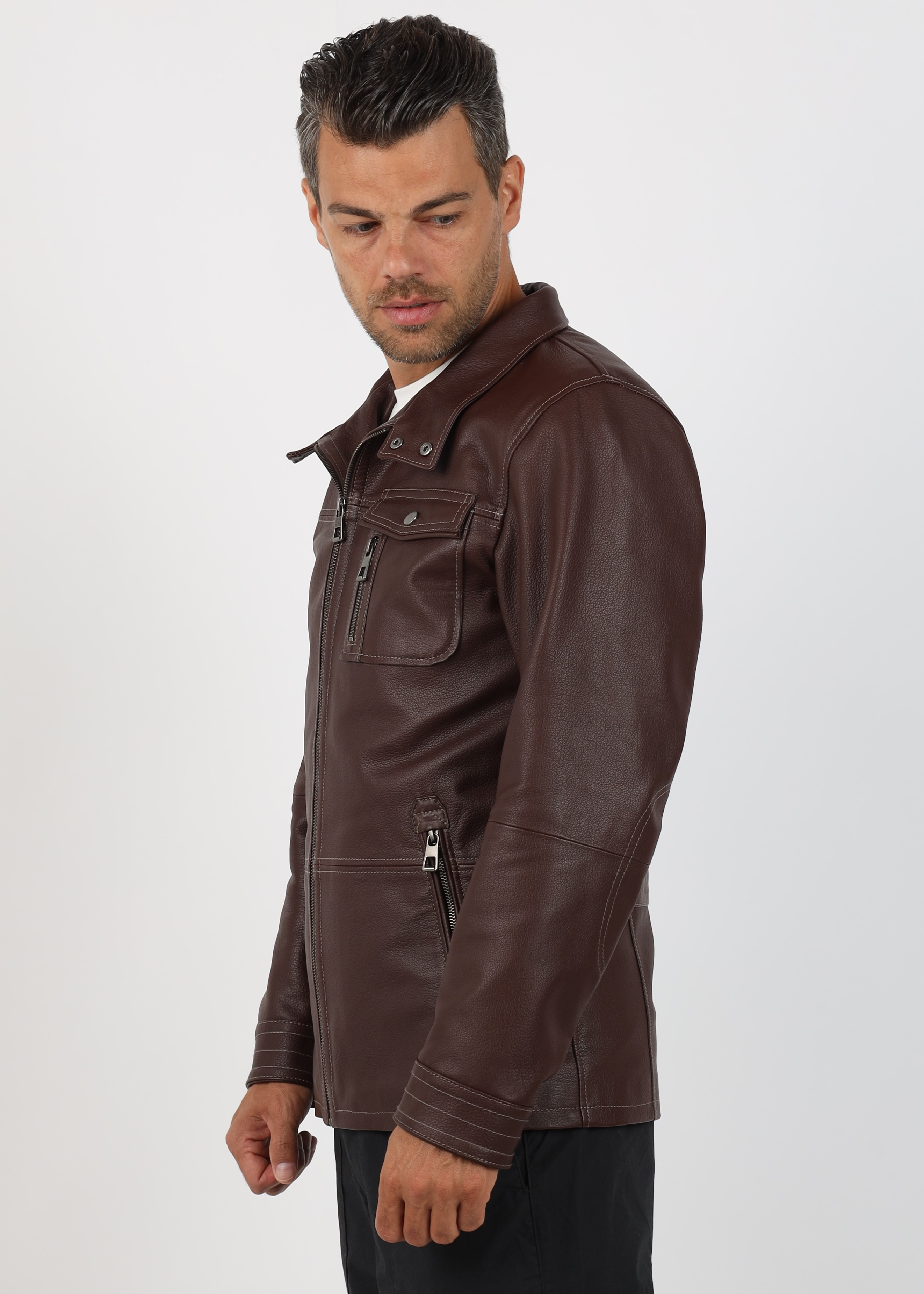 Geacă de Bărbați din Piele de Miel Tip Sacou Model Gabriel Cognac - imagine 3