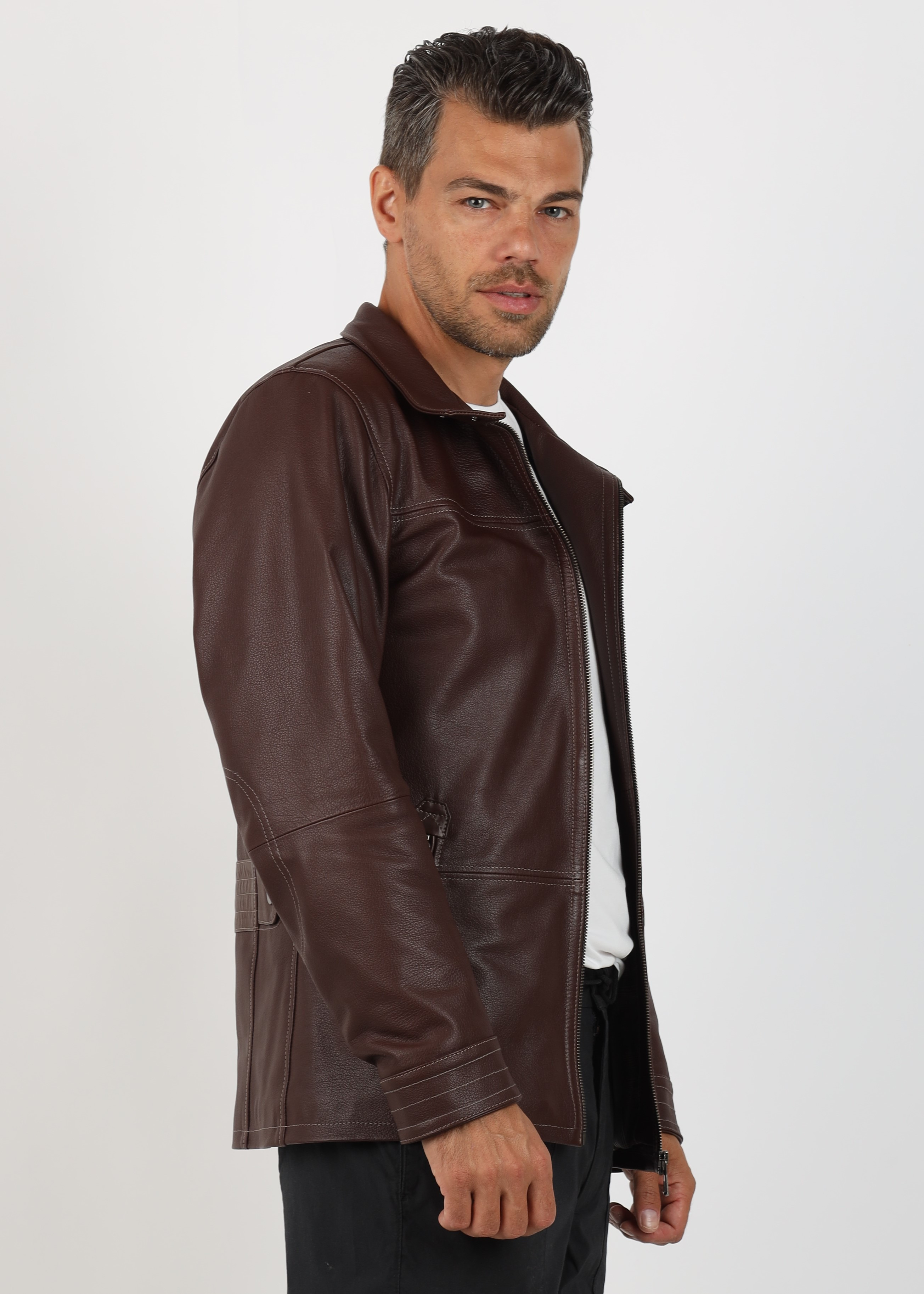 Geacă de Bărbați din Piele de Miel Tip Sacou Model Gabriel Cognac - imagine 4