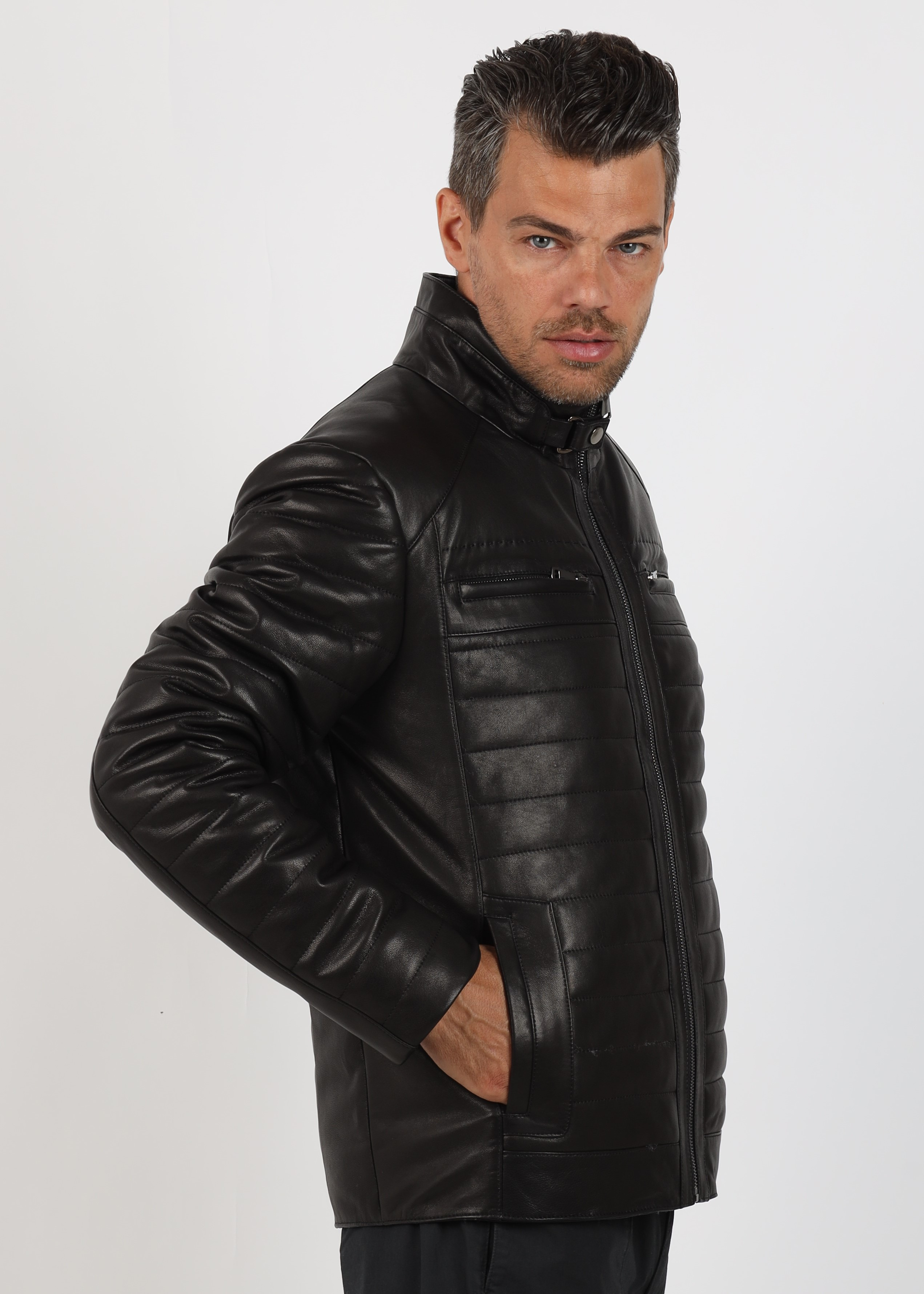 Geacă de Bărbați Matlasată din Piele de Miel Urban Model Valentin Negru - imagine 4